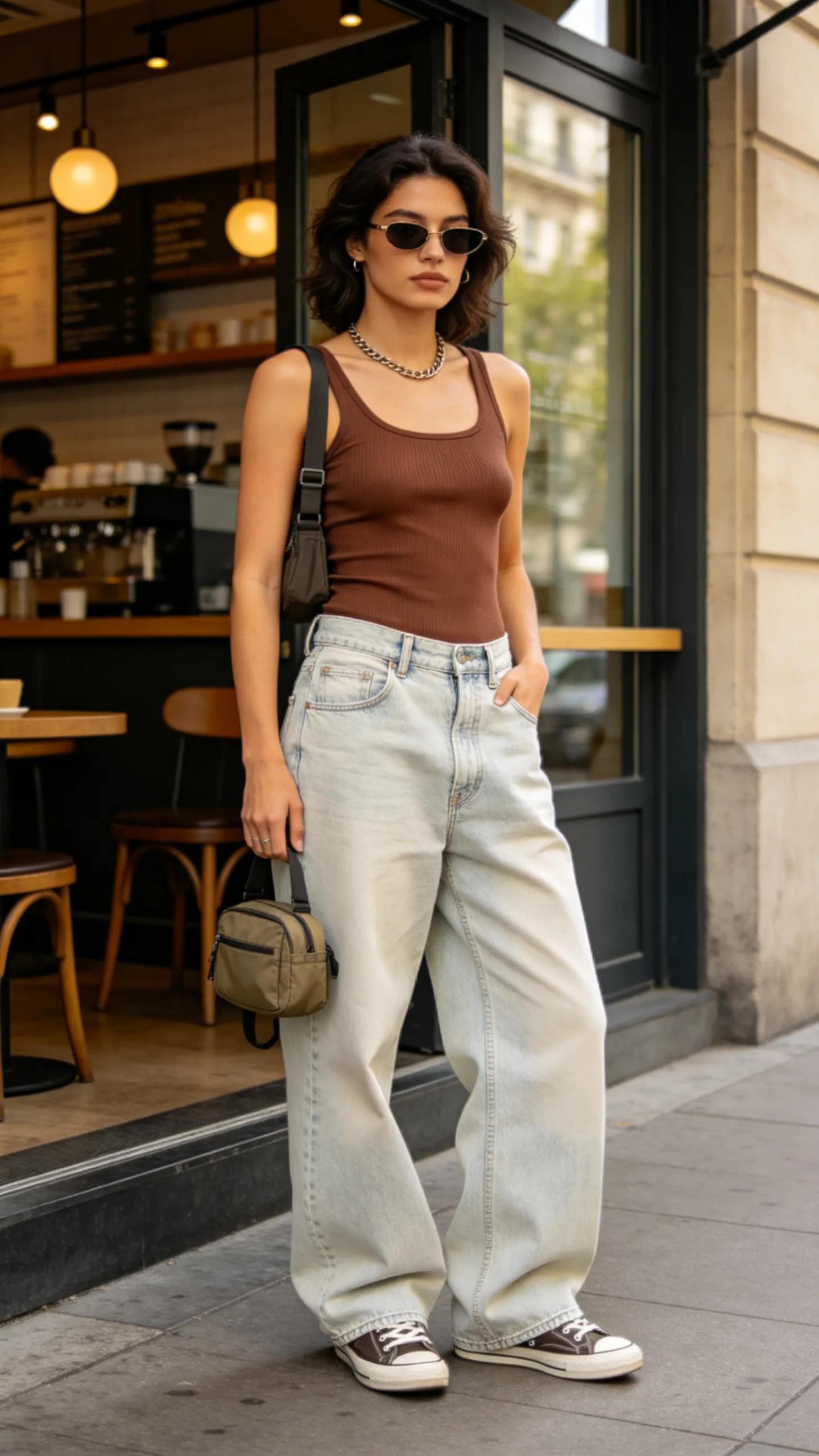 2. Baggy Low Waist Jeans With a Ribbed Tank