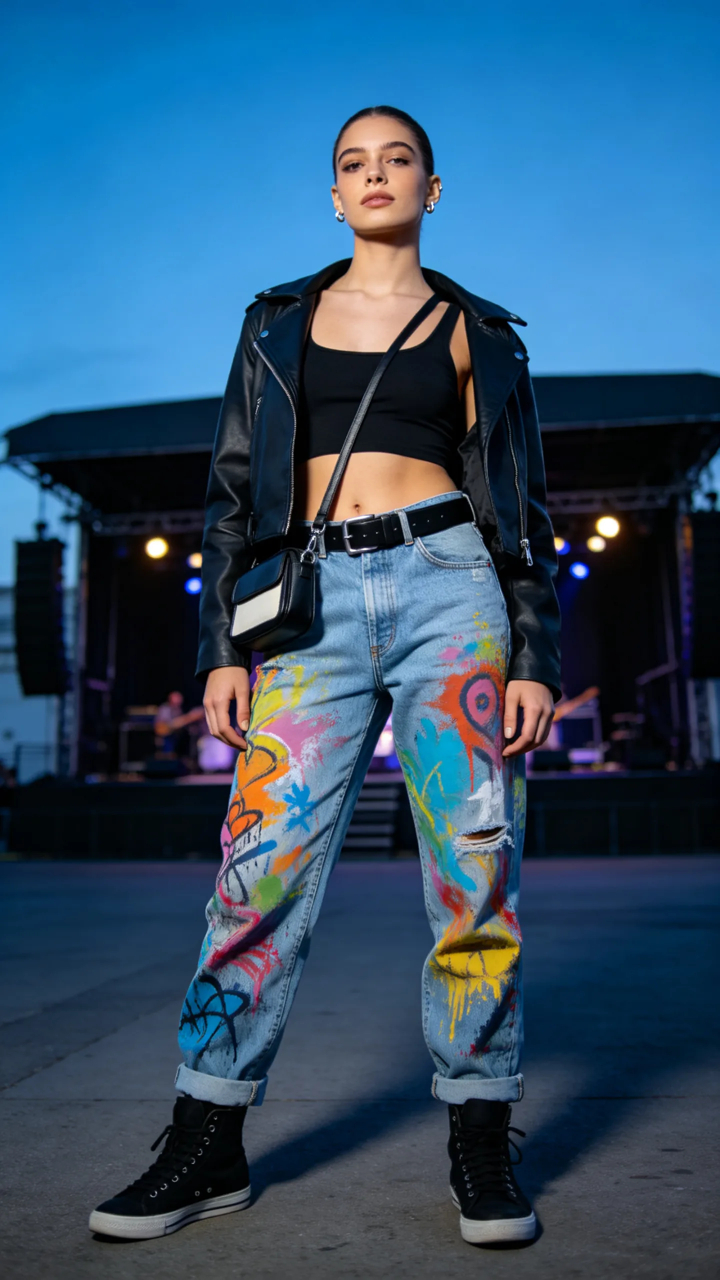 2. Black Bodysuit, Leather Jacket, and High-Top Sneakers