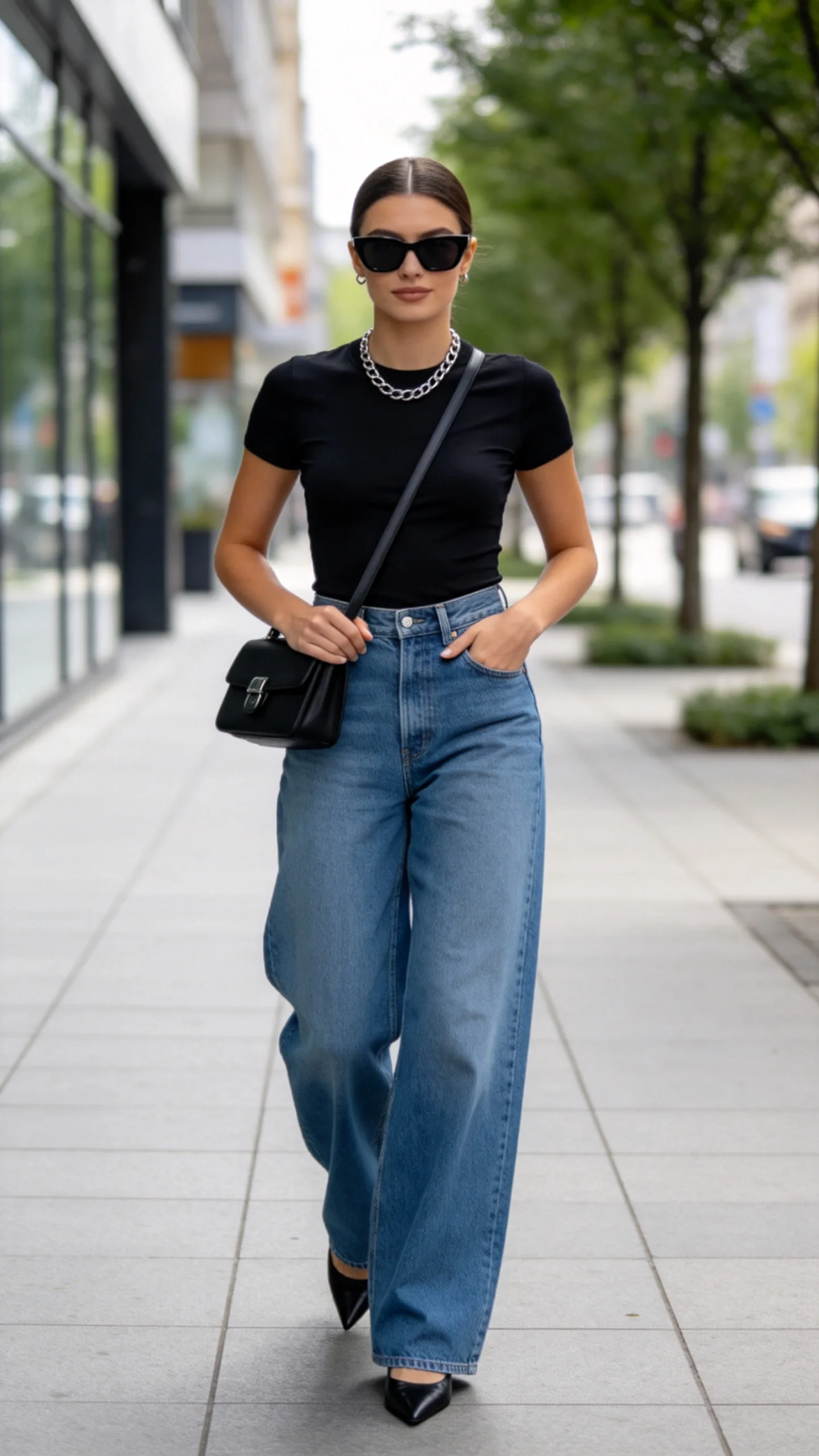 2. Fitted Black Tee With High-Rise Wide-Leg Jeans