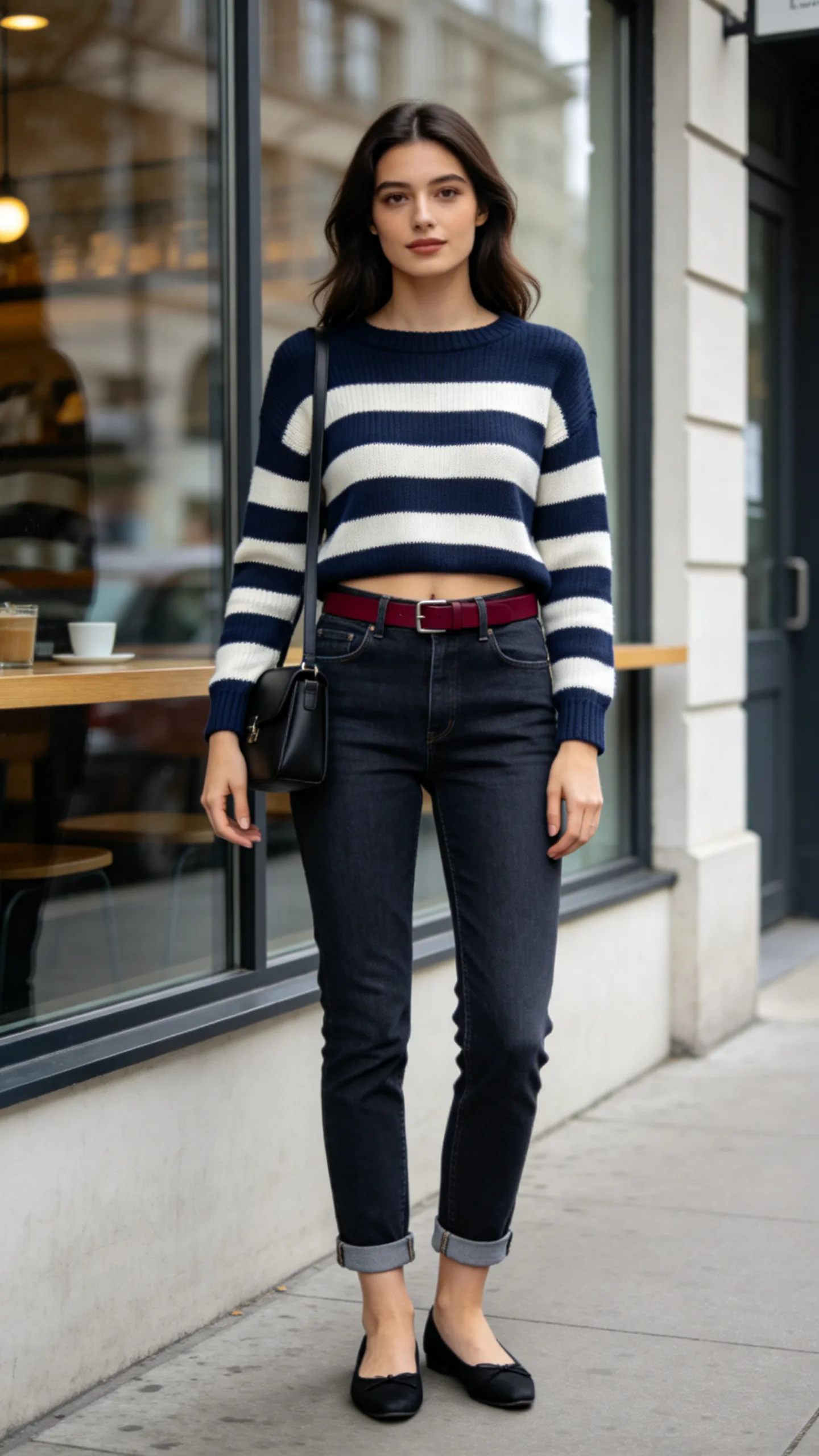 2. Dark-Wash Jeans With a Striped Knit