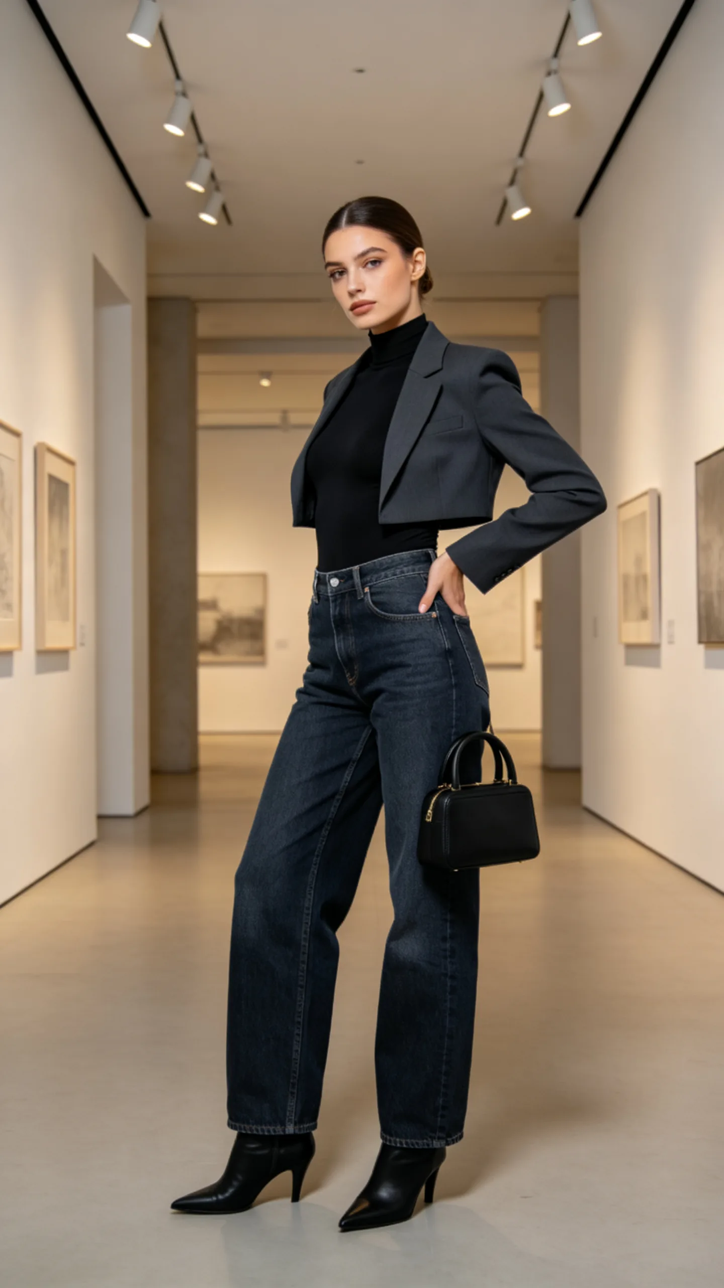 2. High-Waisted Baggy Jeans With a Cropped Blazer