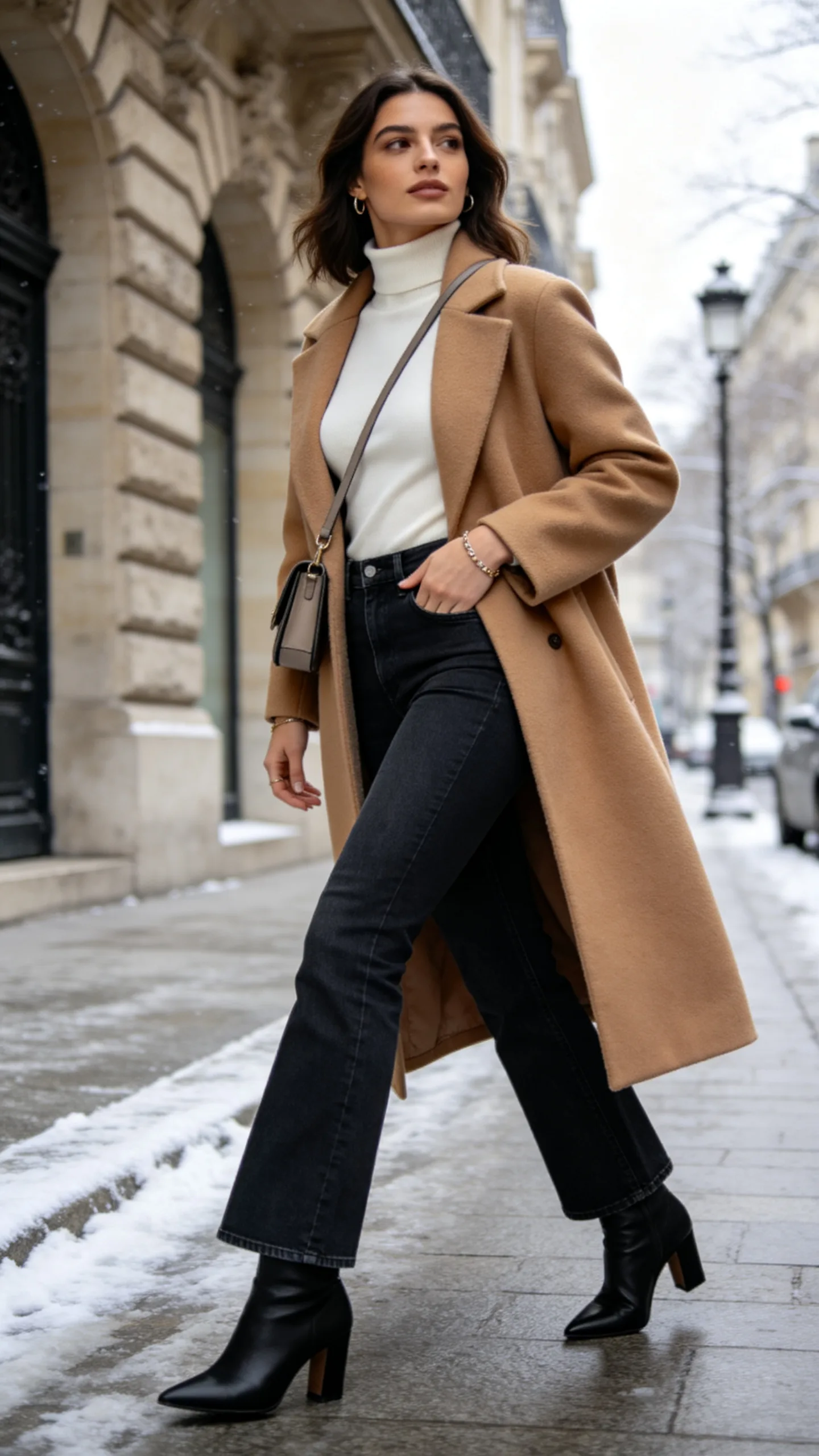 2. High-Waisted Bootcut Jeans With a Fitted Turtleneck and Ankle Boots
