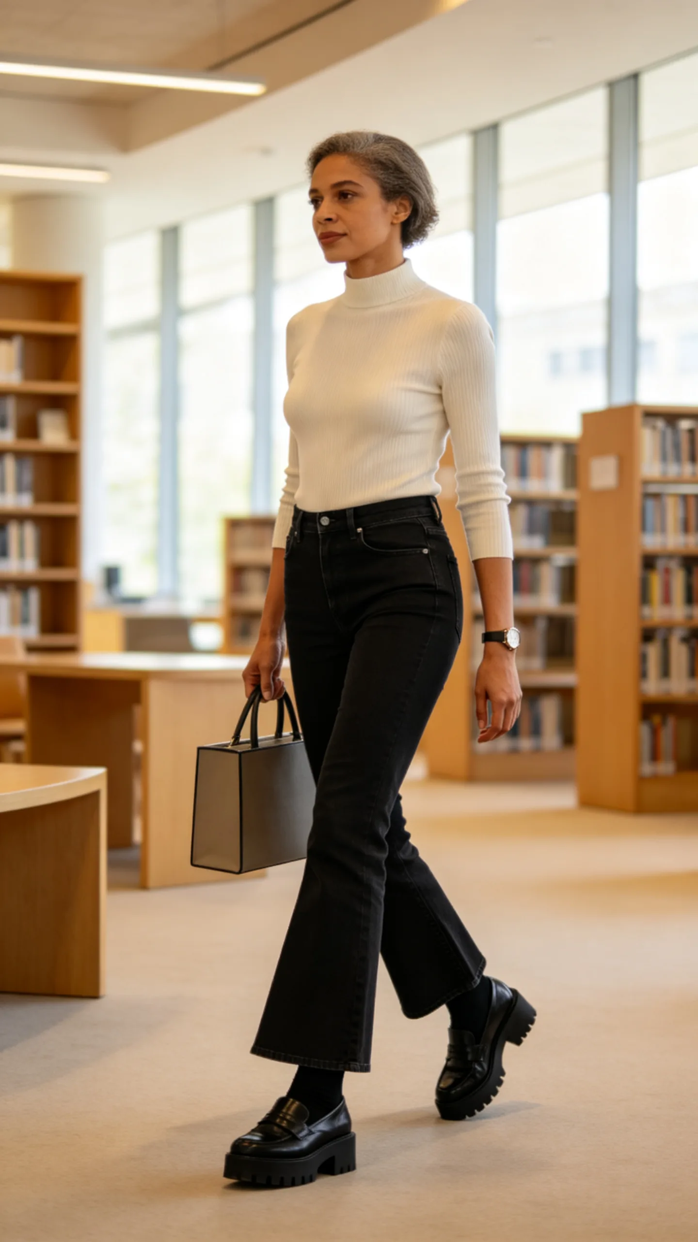 2. Ribbed Mock-Neck Top and Platform Loafers