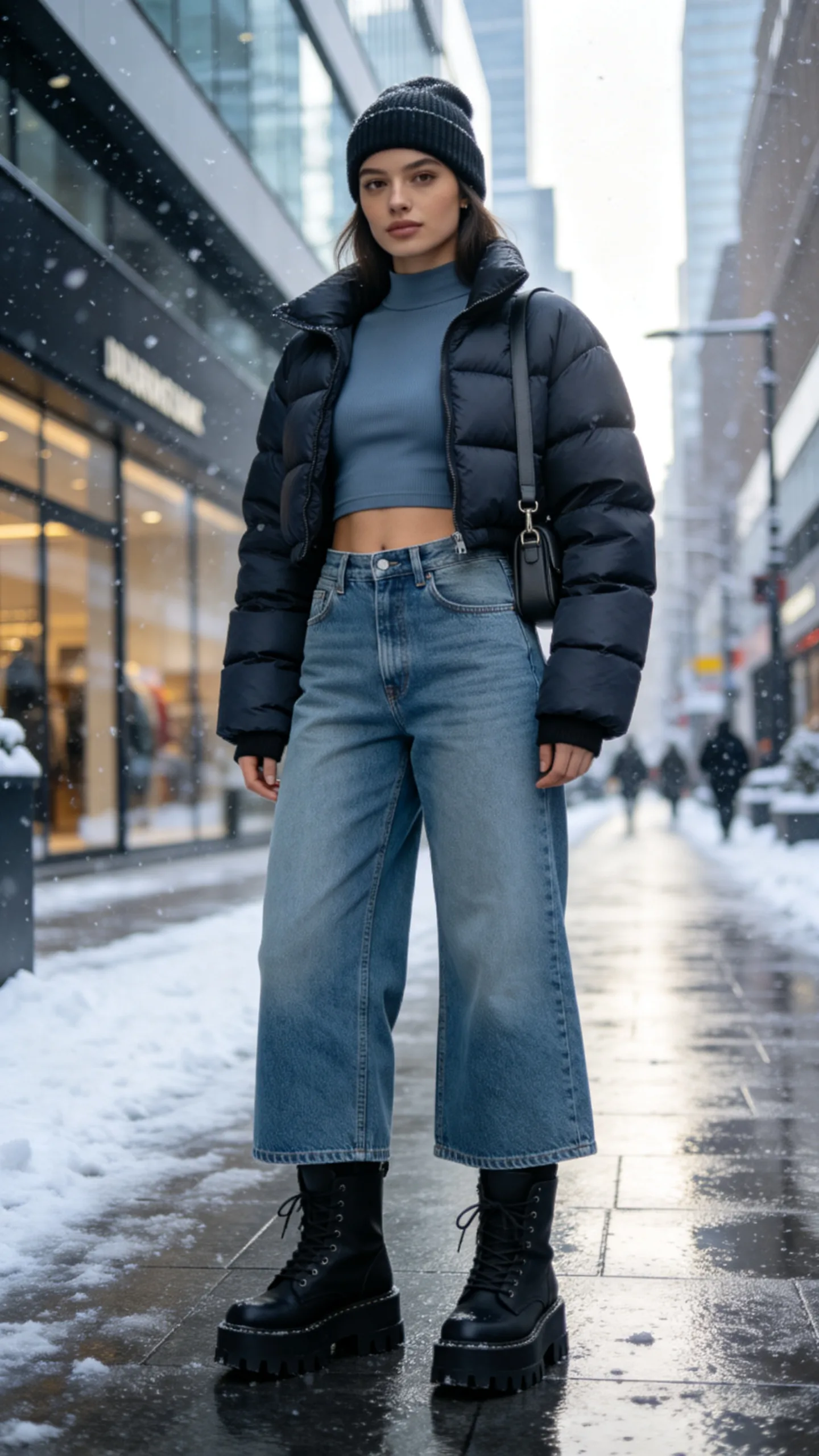 2. Wide-Leg Jeans With a Cropped Puffer Jacket