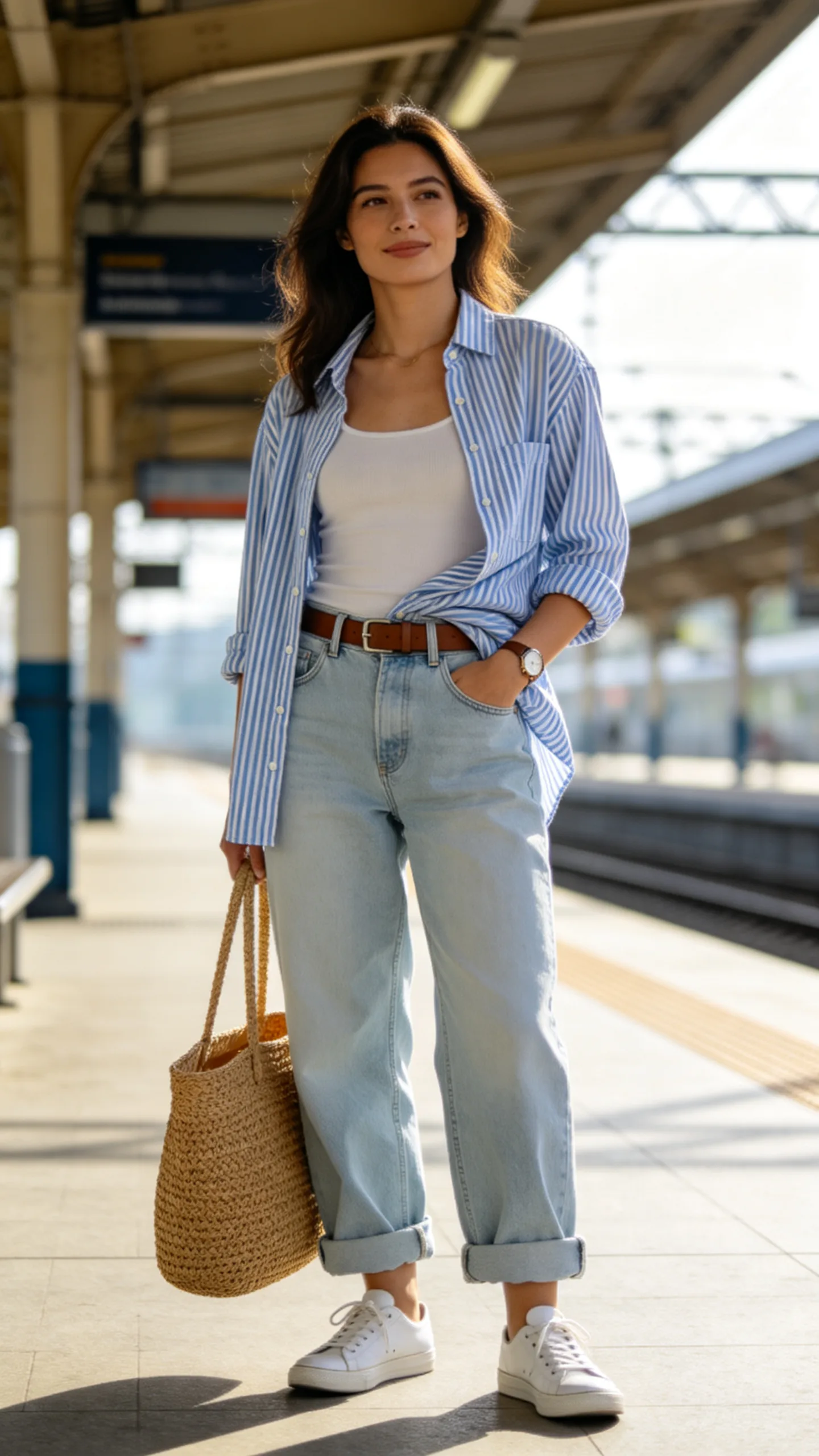 3. Light-Wash Baggy Jeans With an Oversized Striped Shirt