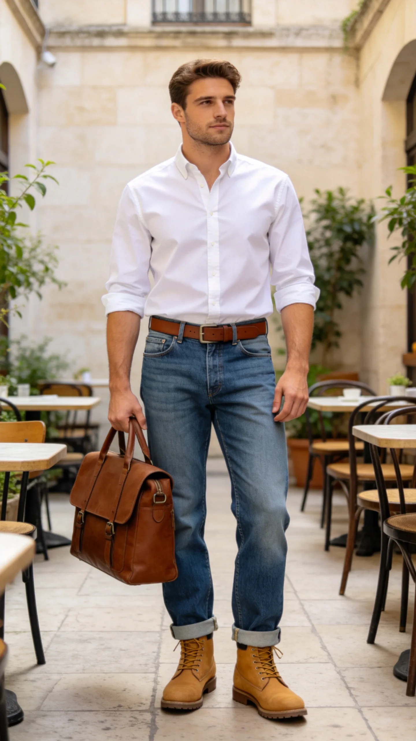 3. Medium-Wash Bootcut Jeans With a White Oxford Shirt
