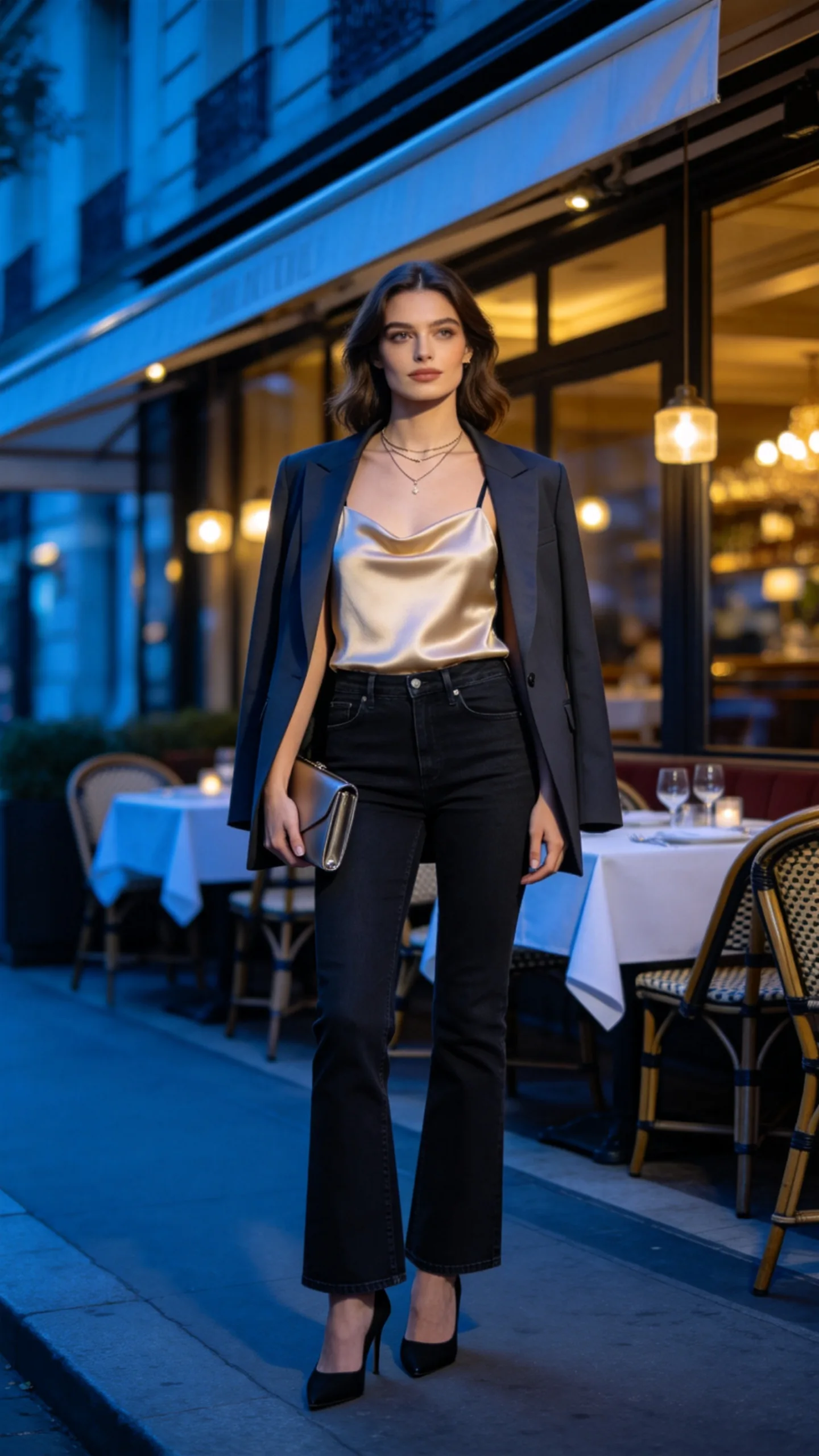 4. Black Bootcut Jeans With a Satin Camisole and Blazer