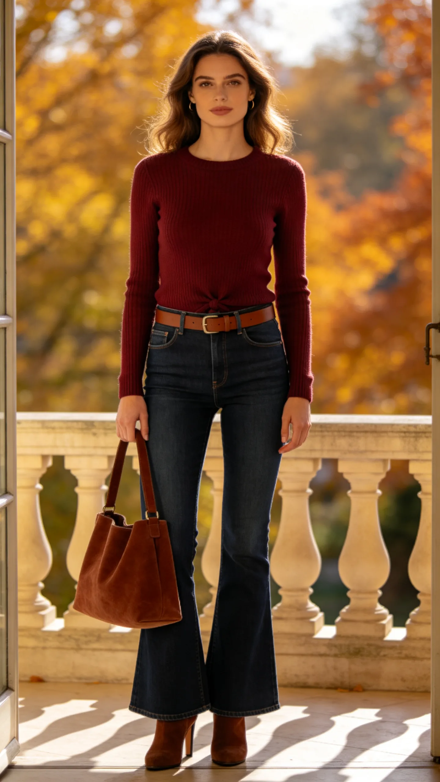 5. Low Waist Bootcut Jeans With a Fine-Knit Sweater