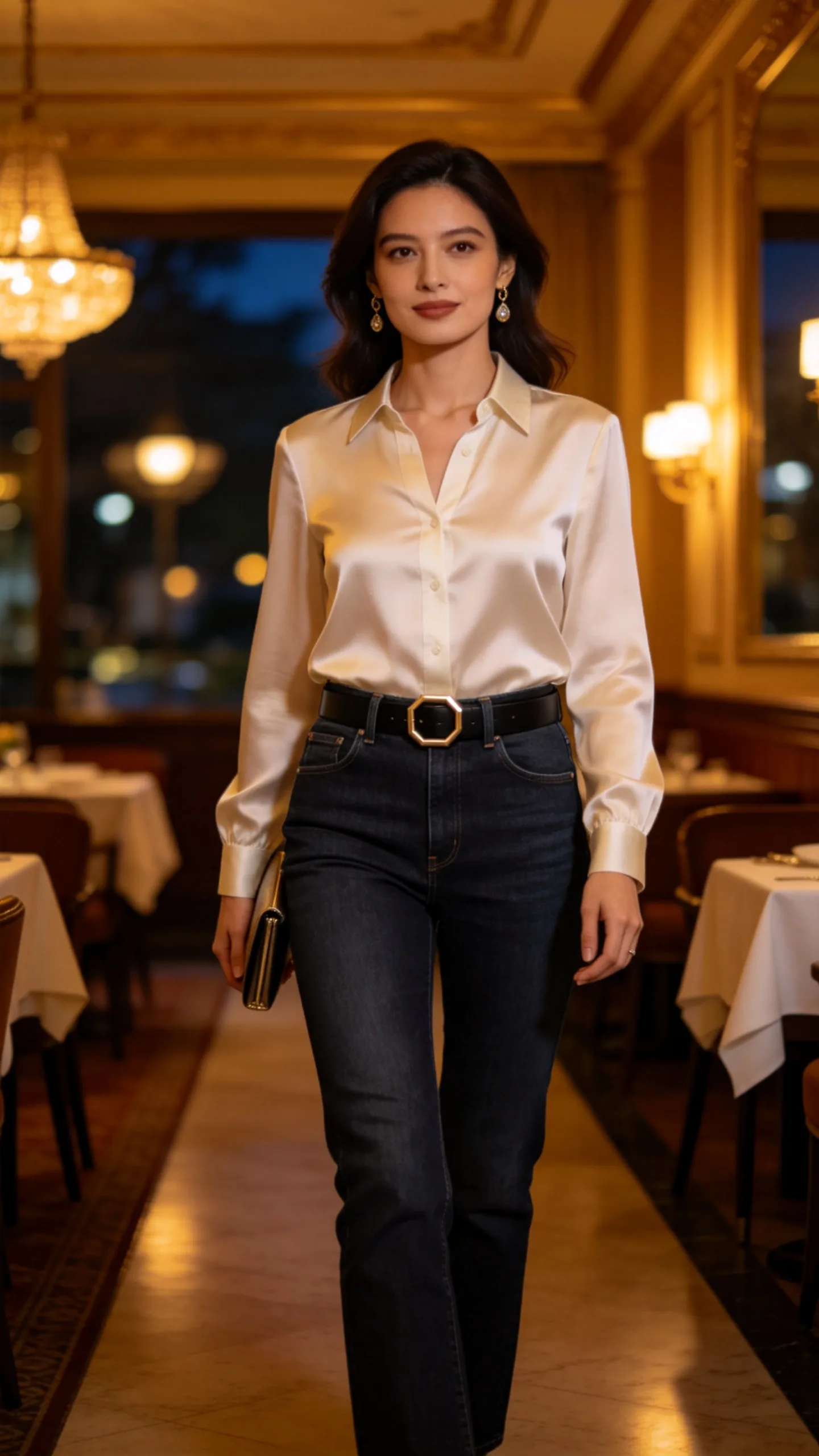 5. Satin Blouse With Dark-Wash Jeans