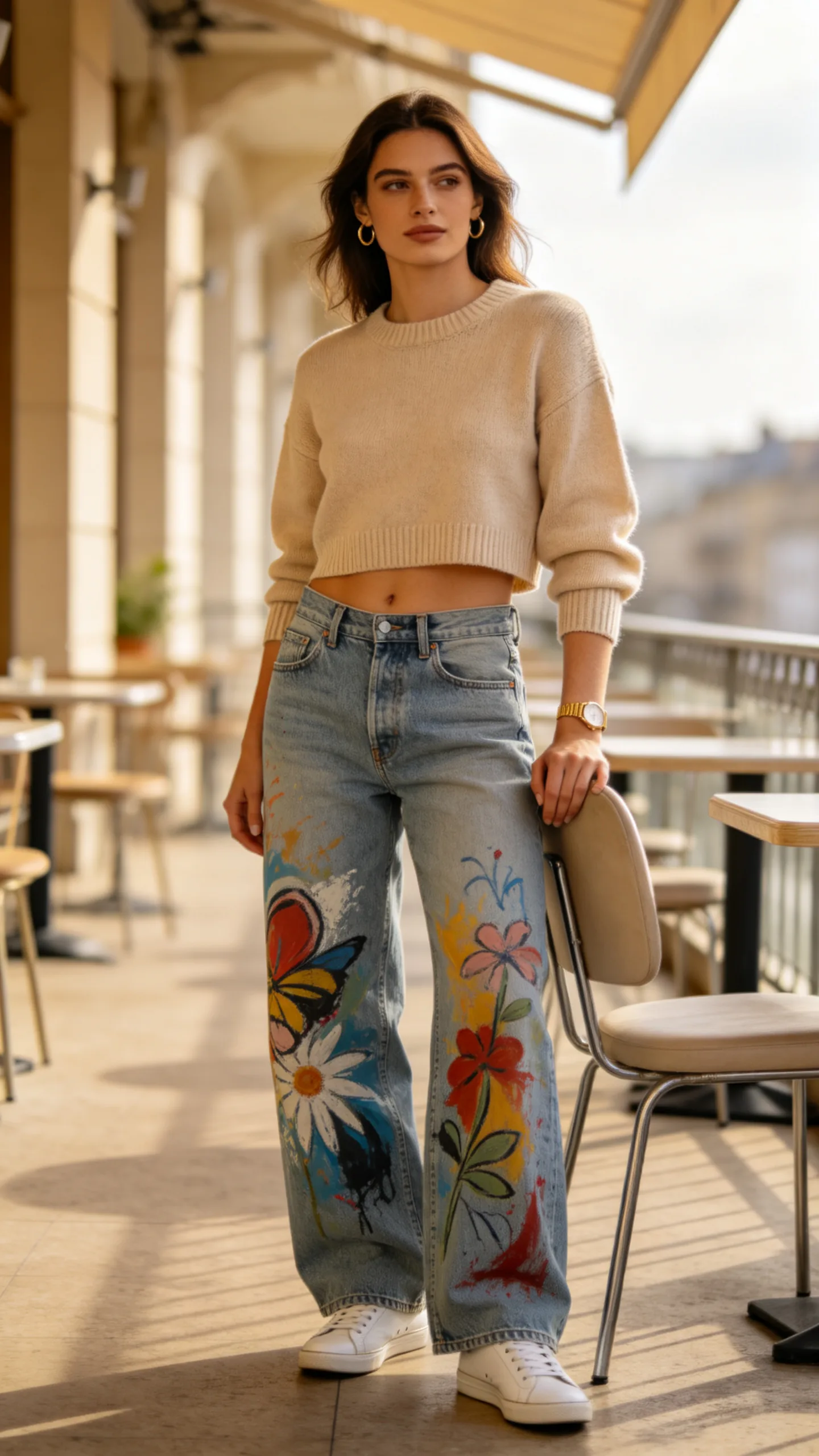 6. Beige Sweater, White Sneakers, and Gold Jewelry
