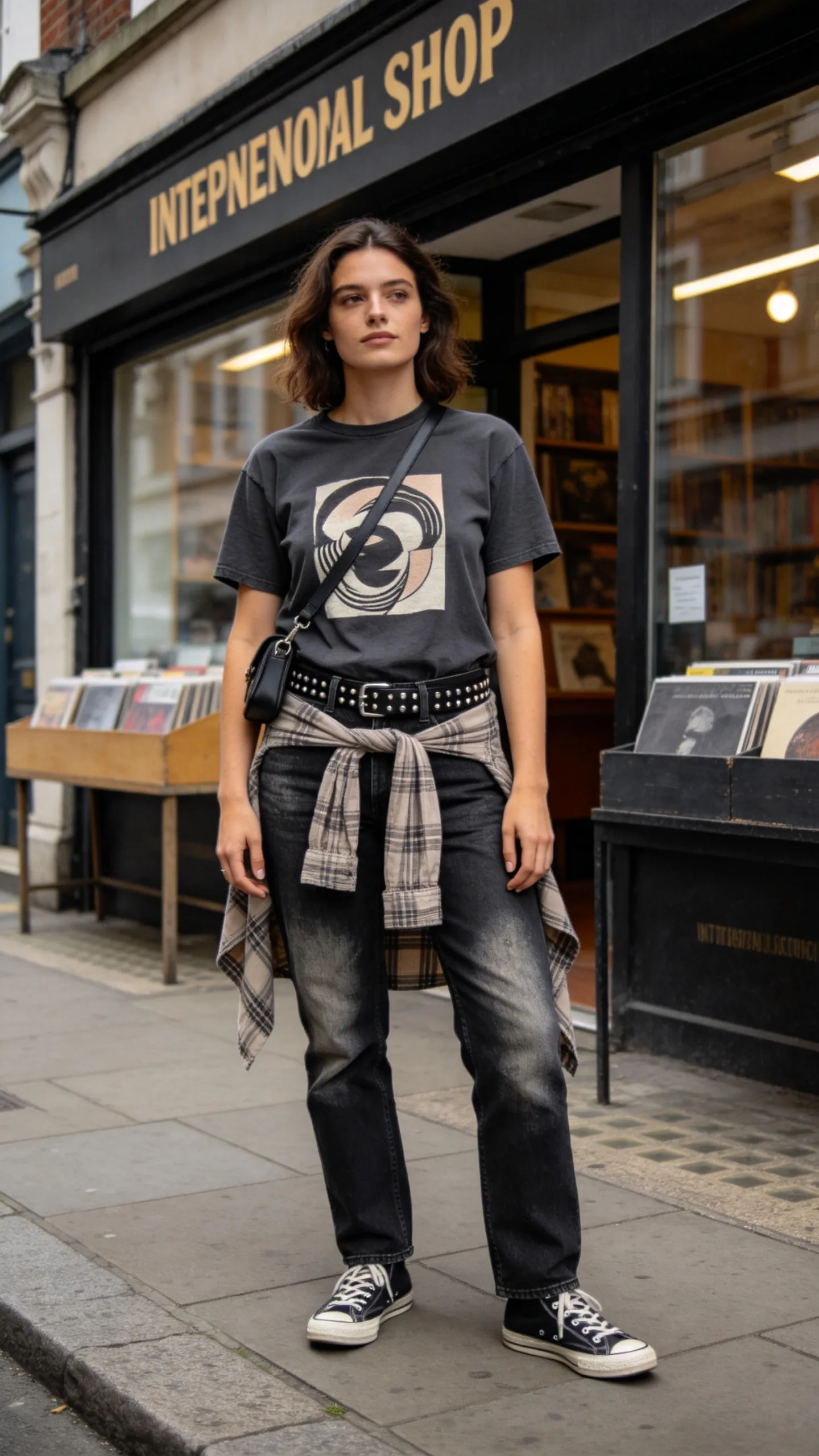 7. Black Low Waist Jeans With a Graphic T-Shirt