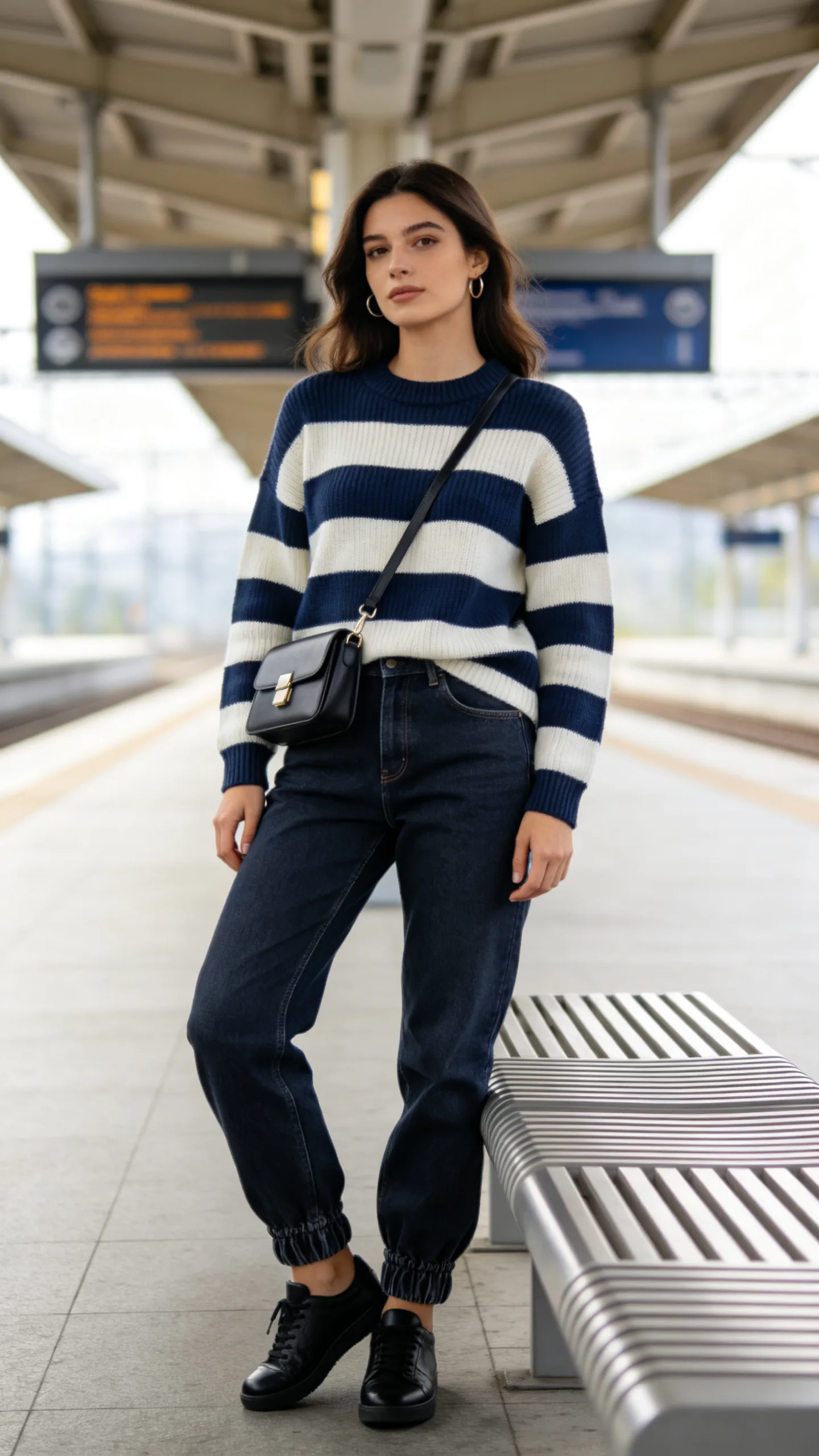 7. Dark-Wash Joggers with a Striped Sweater