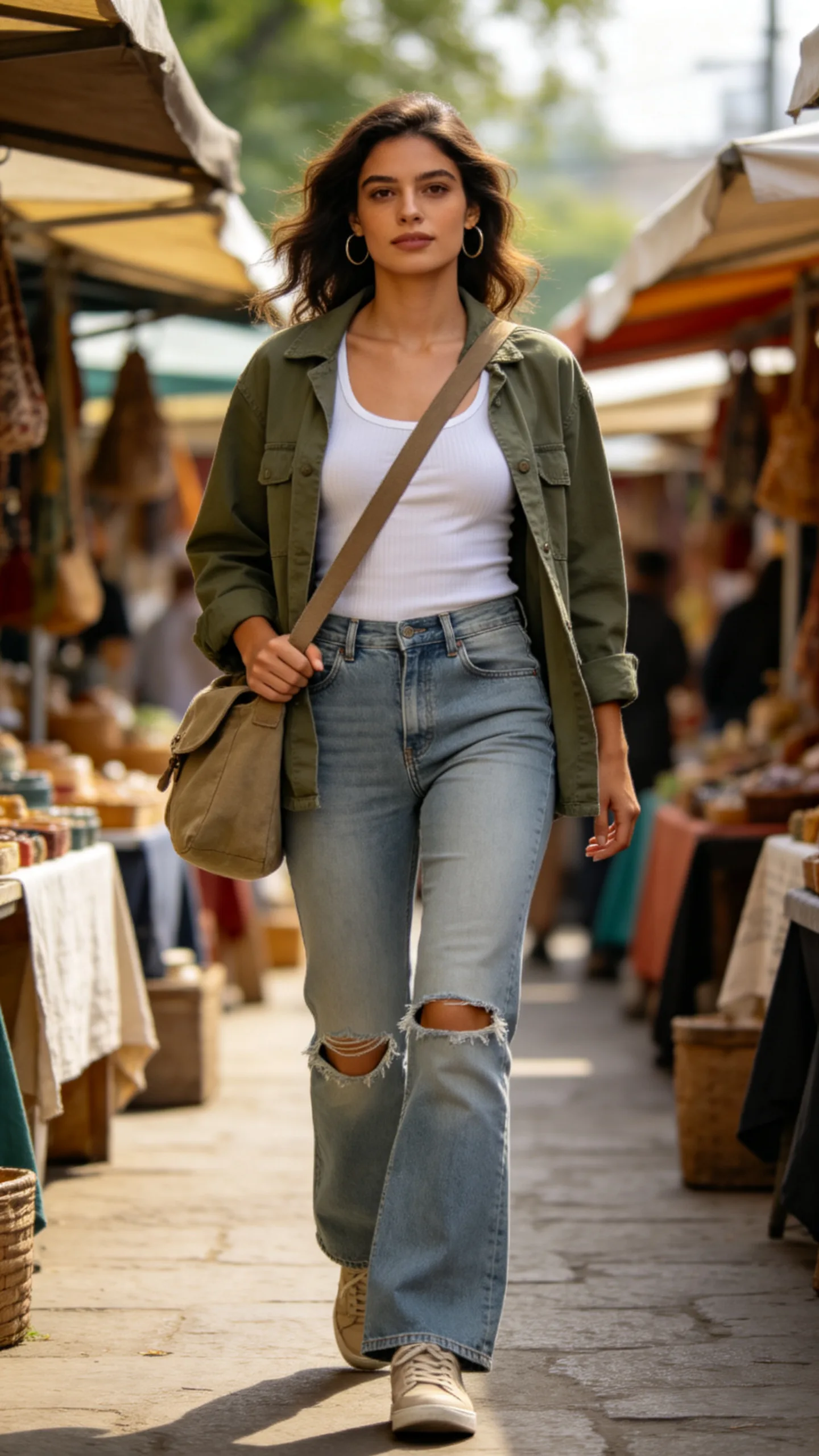 7. Distressed Bootcut Jeans With a Ribbed Tank and Utility Jacket