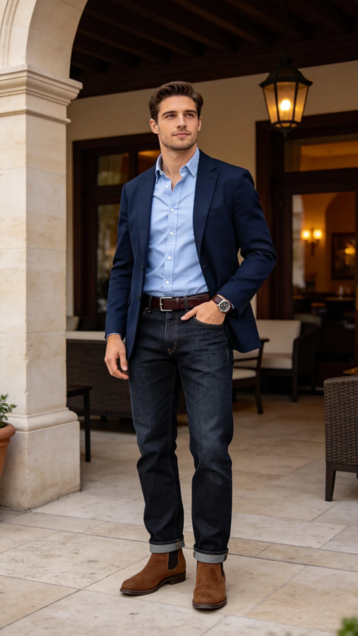 9. Dark Bootcut Jeans With a Navy Blazer