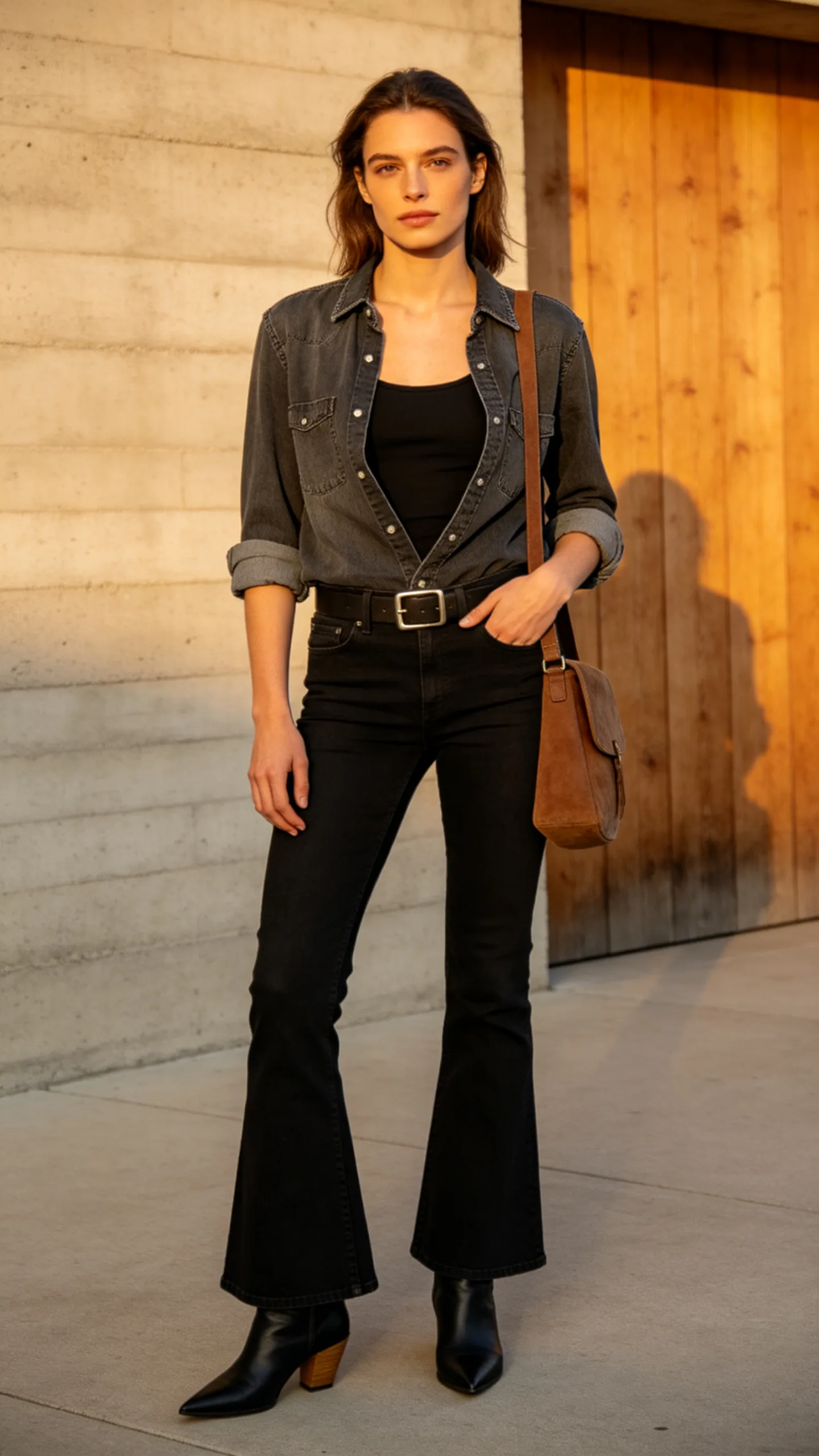 9. Denim Shirt and Western Ankle Boots