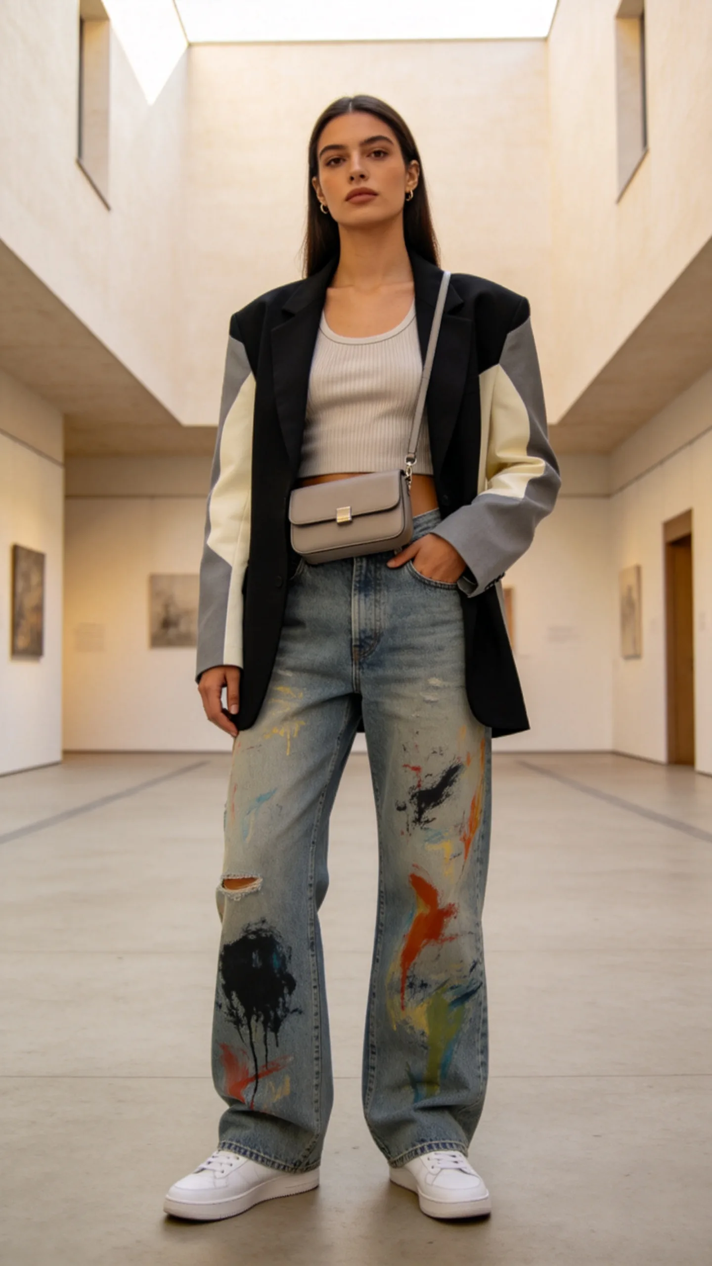 9. Ribbed Tank, Blazer, and Clean White Trainers