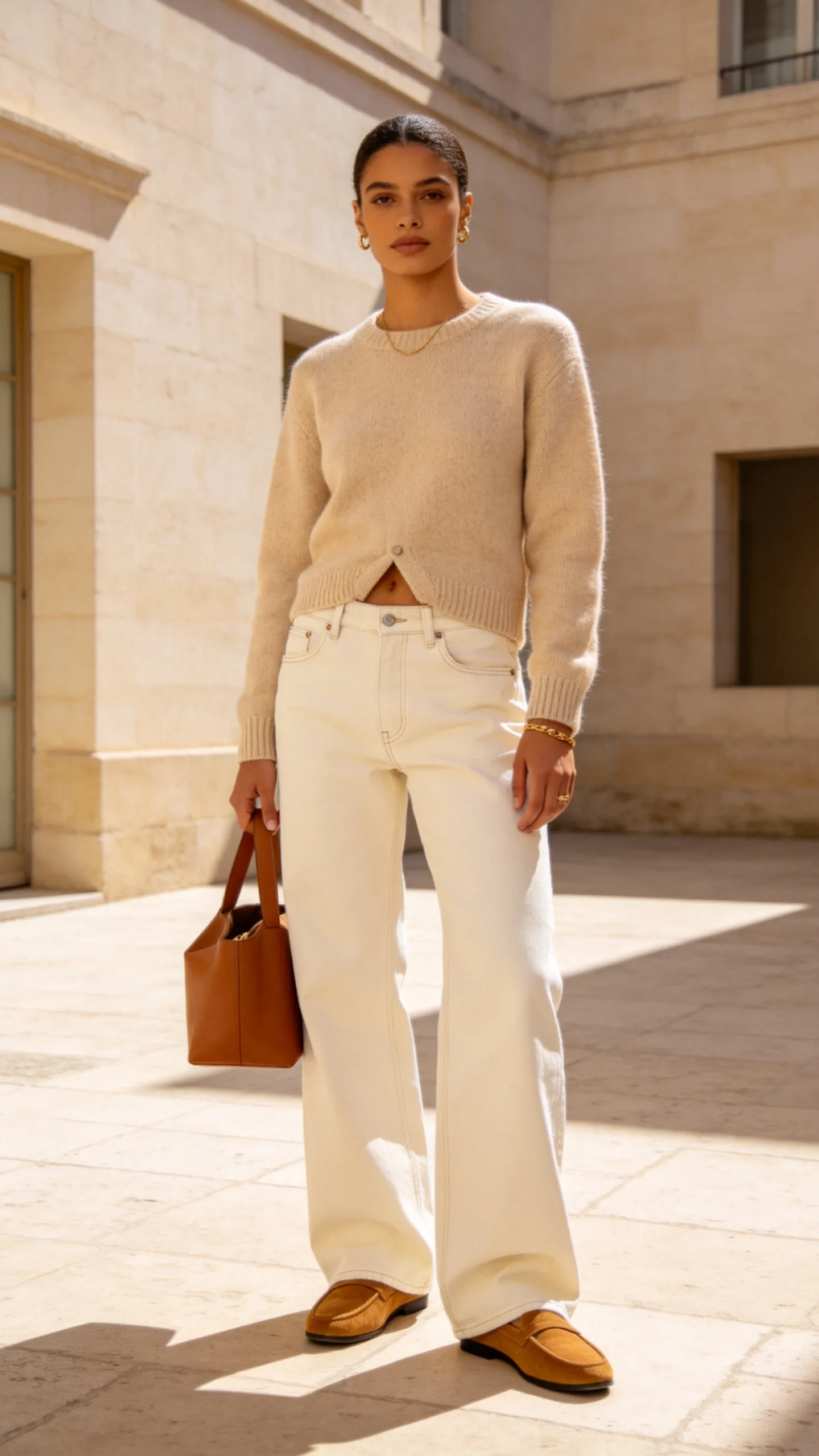 9. White Baggy Jeans With a Neutral Knit