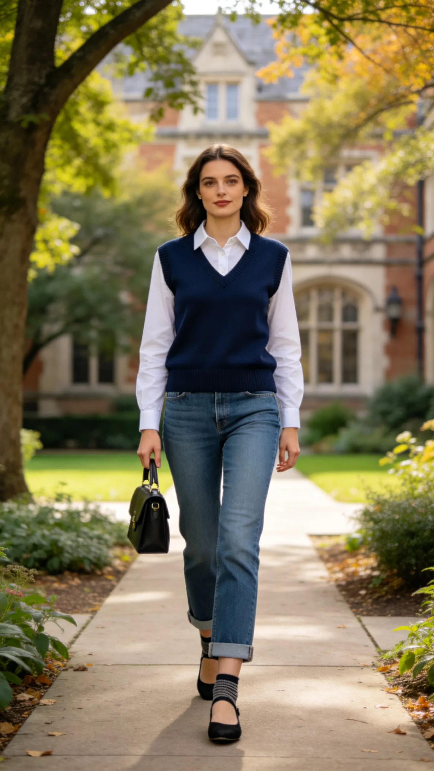 10. Cropped Bootcut Jeans With a Sweater Vest and Ballet Flats