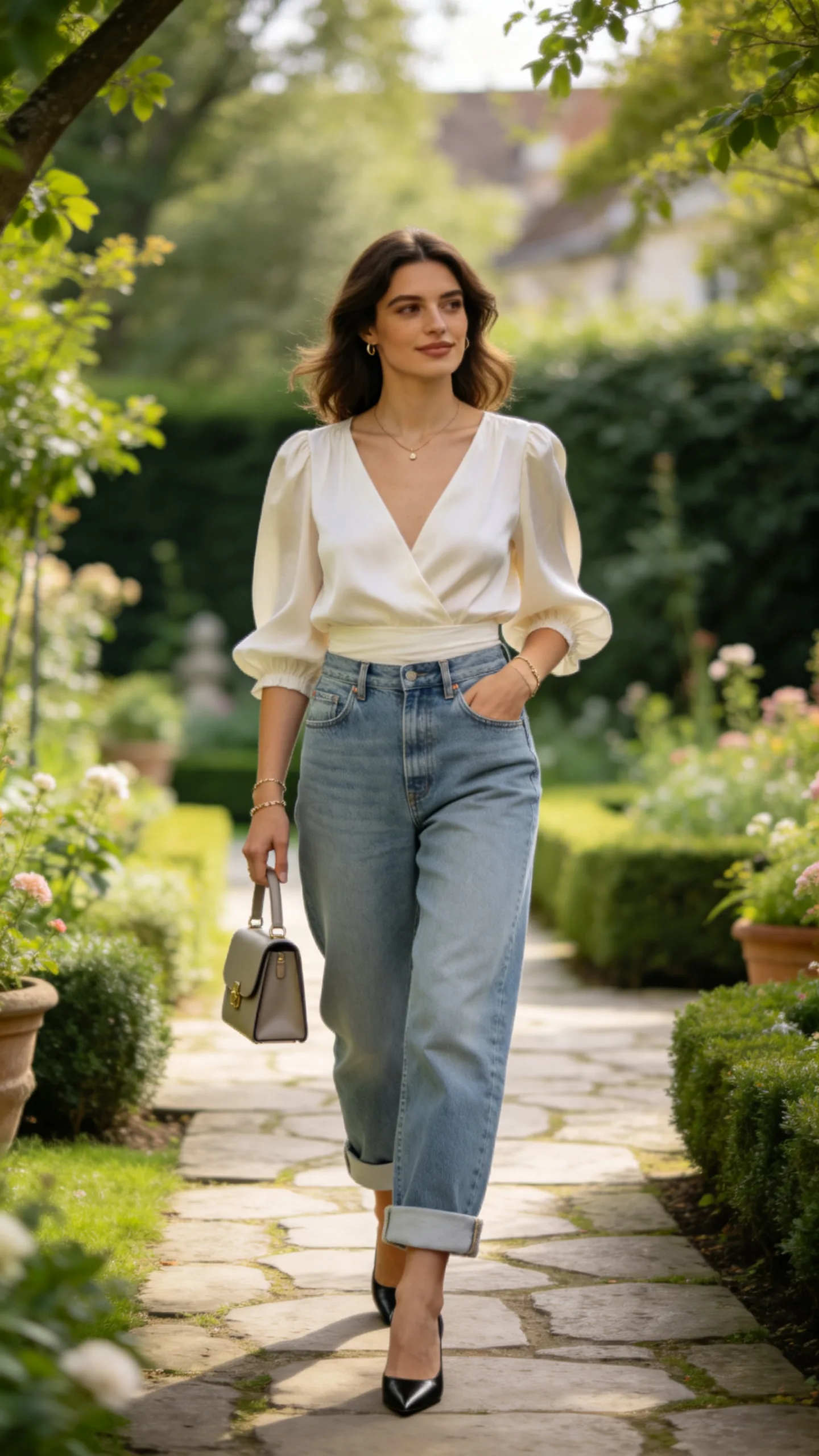 10. Cuffed Boyfriend Jeans With a Feminine Blouse