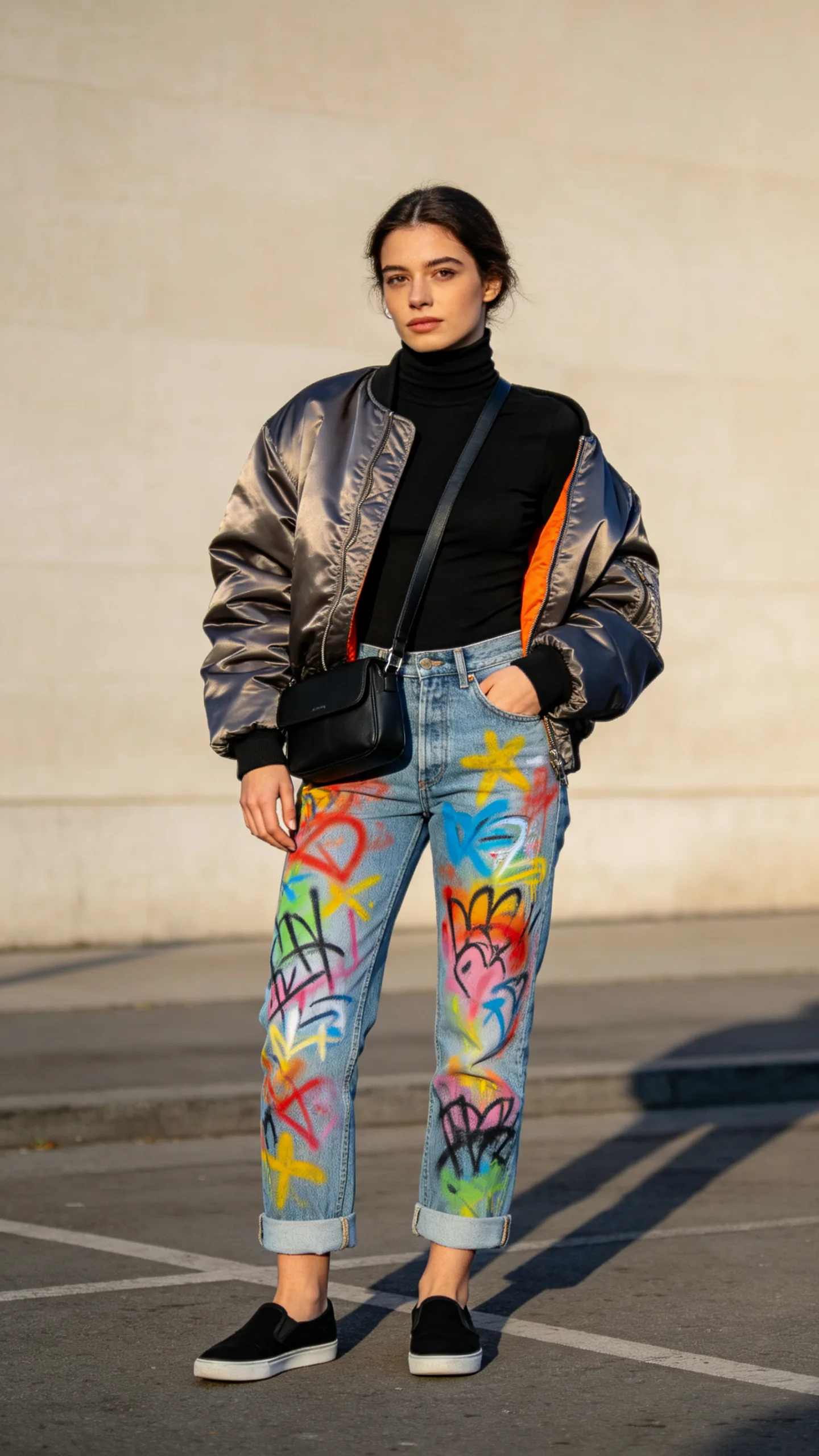 11. Black Turtleneck, Bomber Jacket, and Slip-On Sneakers