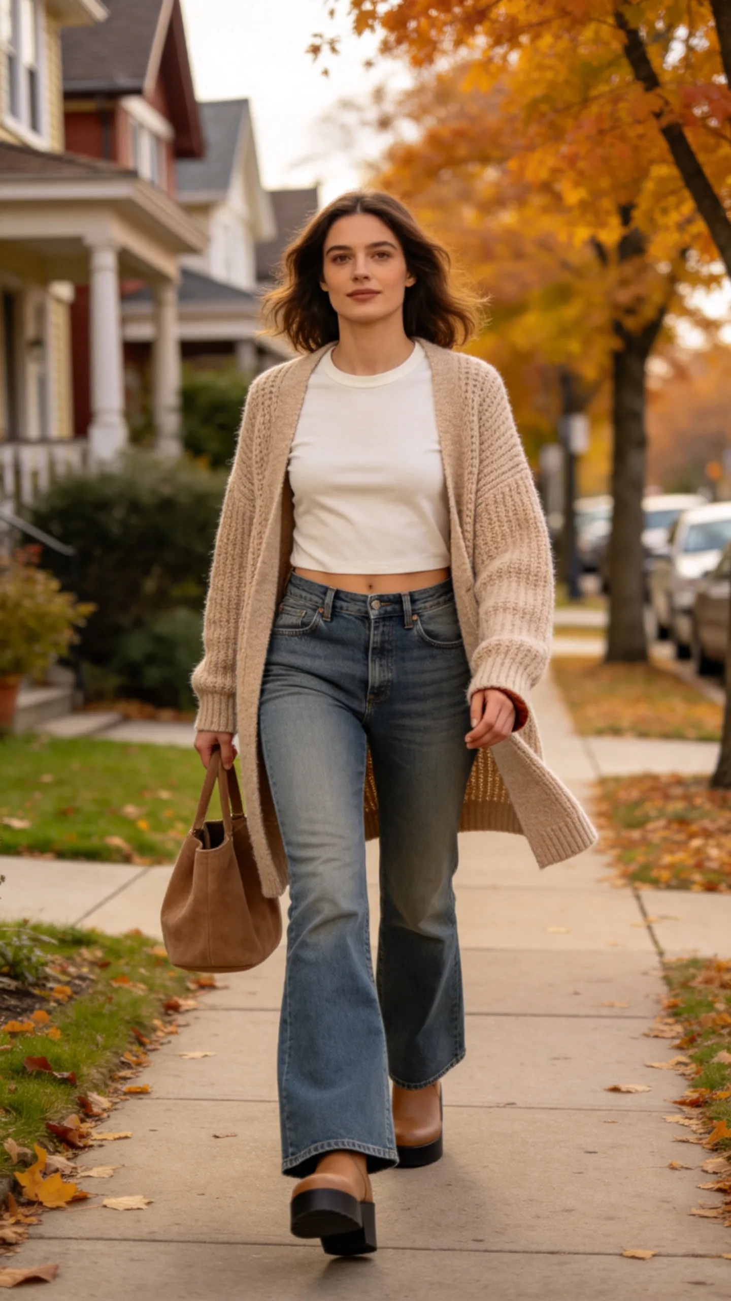 11. Medium-Wash Bootcut Jeans With a Chunky Cardigan and Clogs