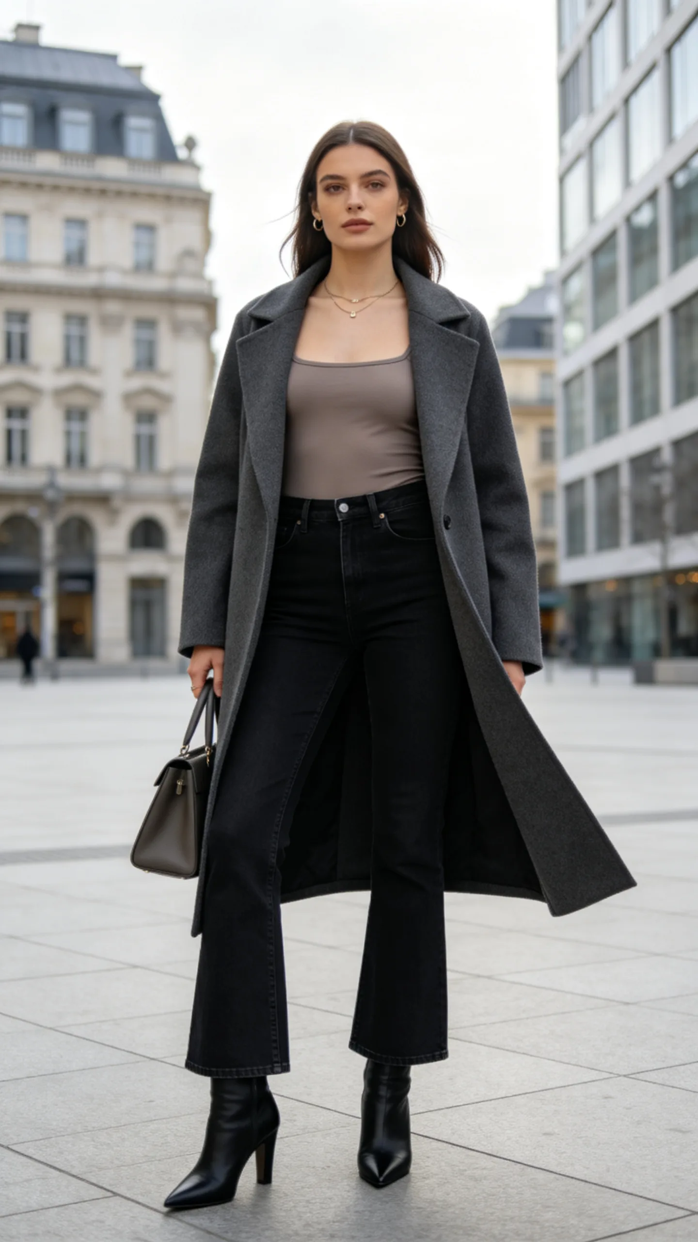 12. Black Bootcut Jeans With a Bodysuit and Longline Coat