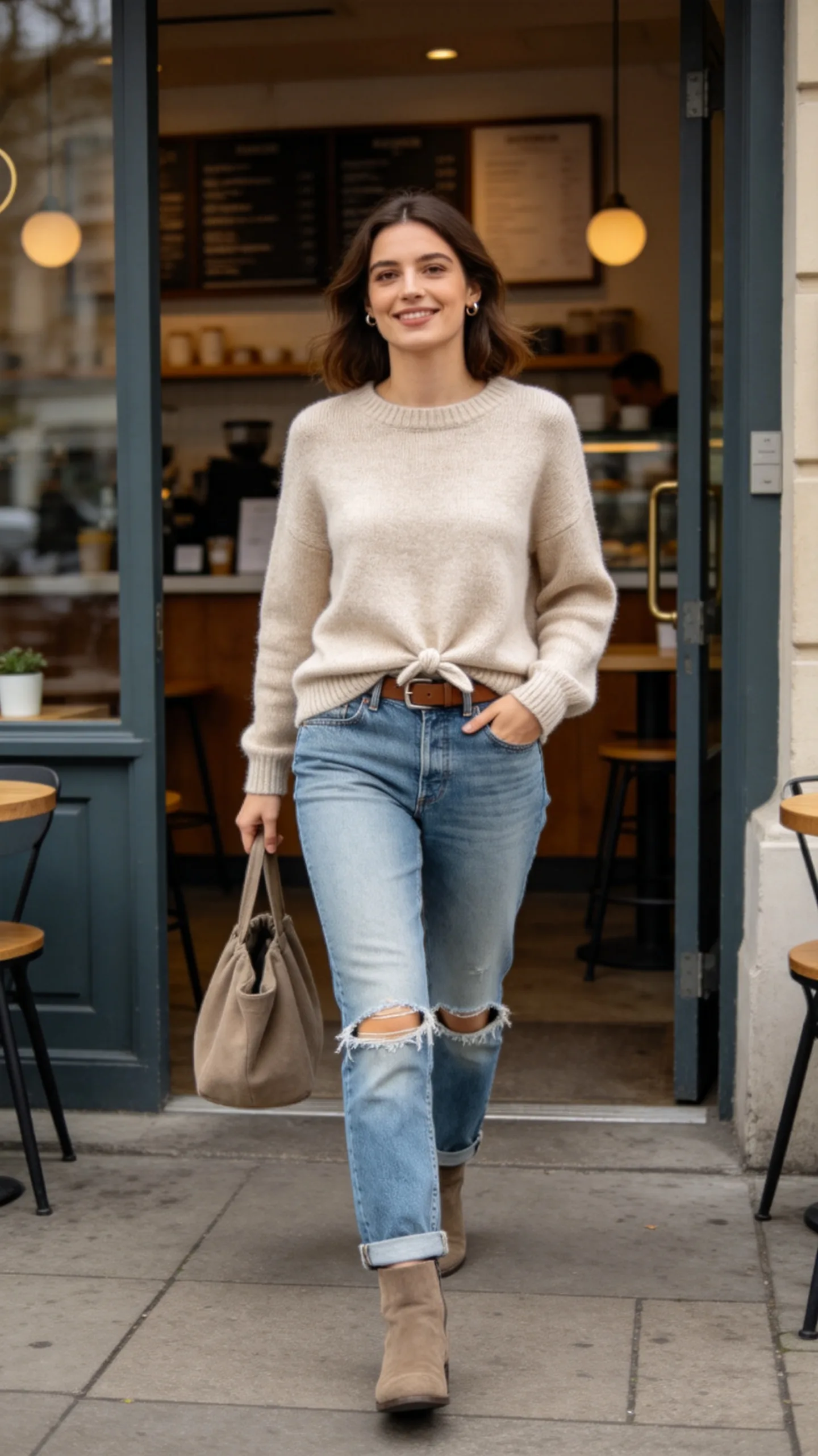 12. Distressed Low Waist Jeans With a Soft Knit Pullover