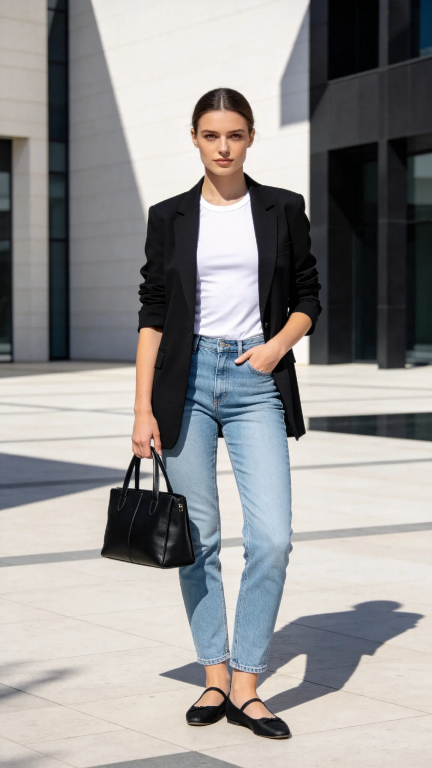 12. Light Blue Jeans With a Black Blazer and White Tee
