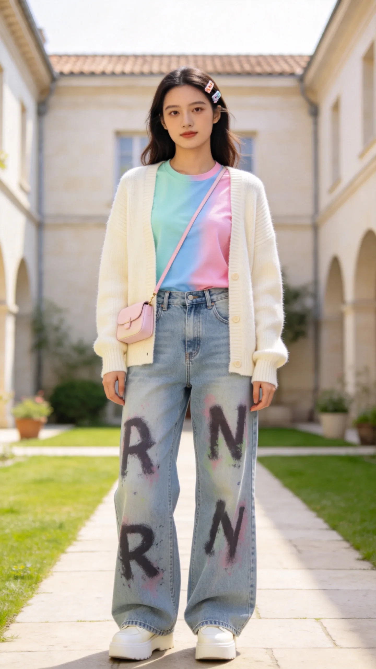 12. Pastel Tee, Cream Cardigan, and Platform Trainers