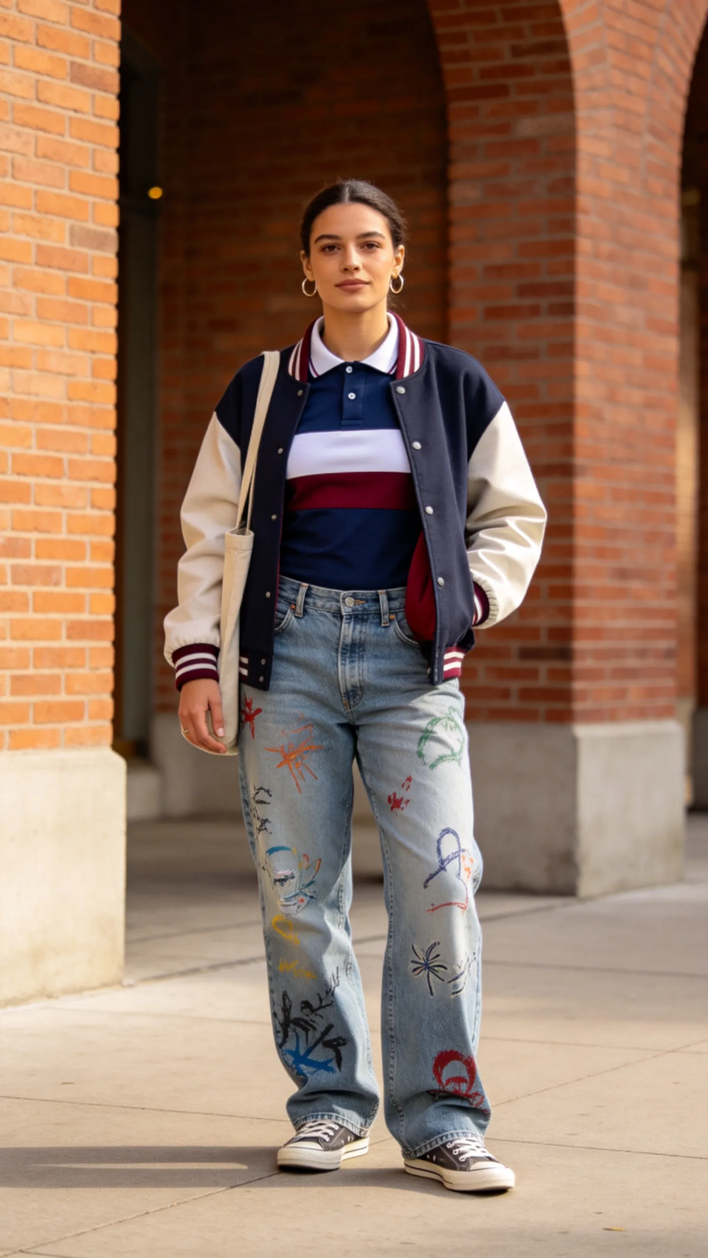13. Fitted Polo Shirt, Varsity Jacket, and Low-Profile Sneakers