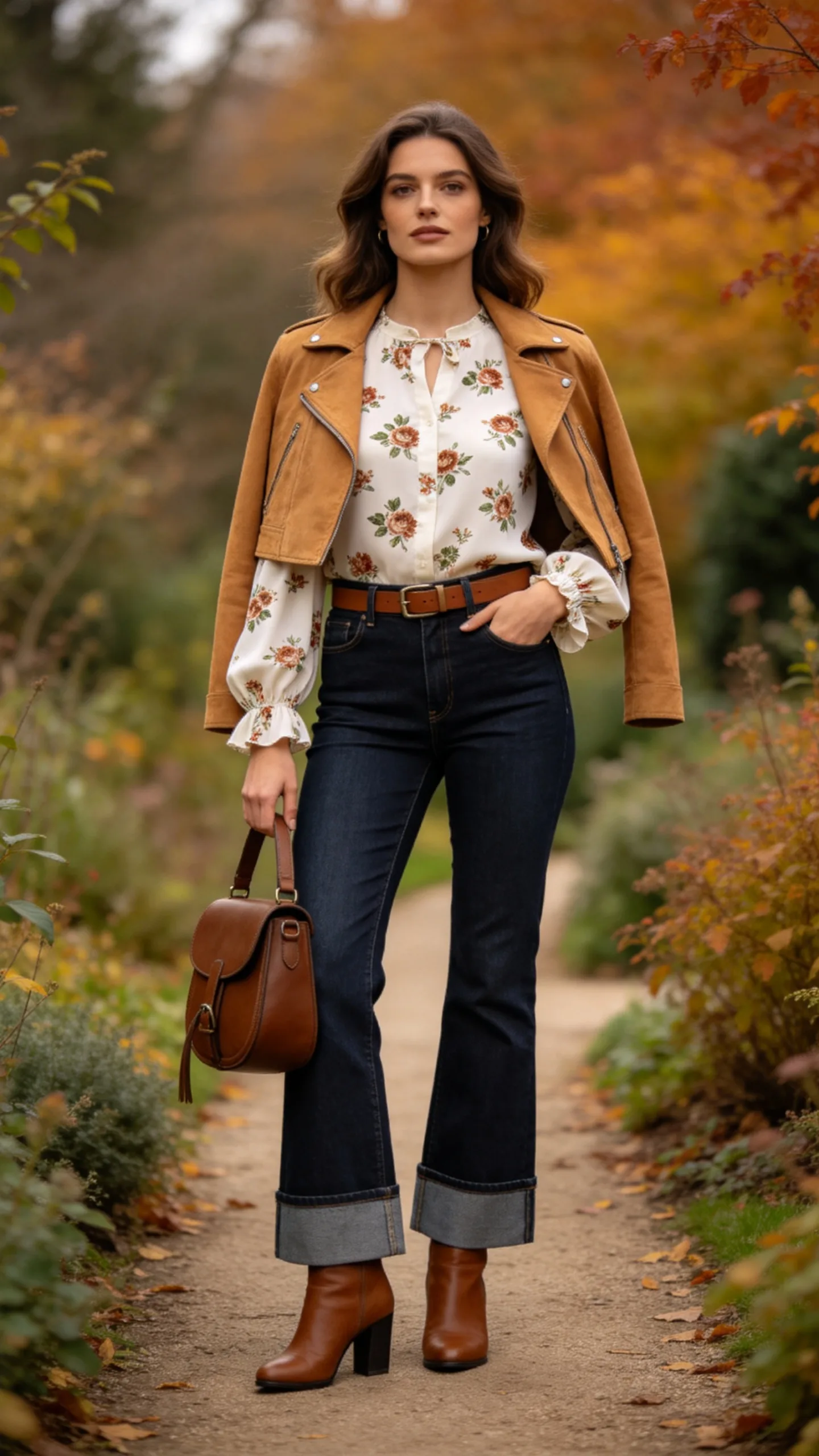 14. Dark Bootcut Jeans With a Floral Blouse and Suede Jacket