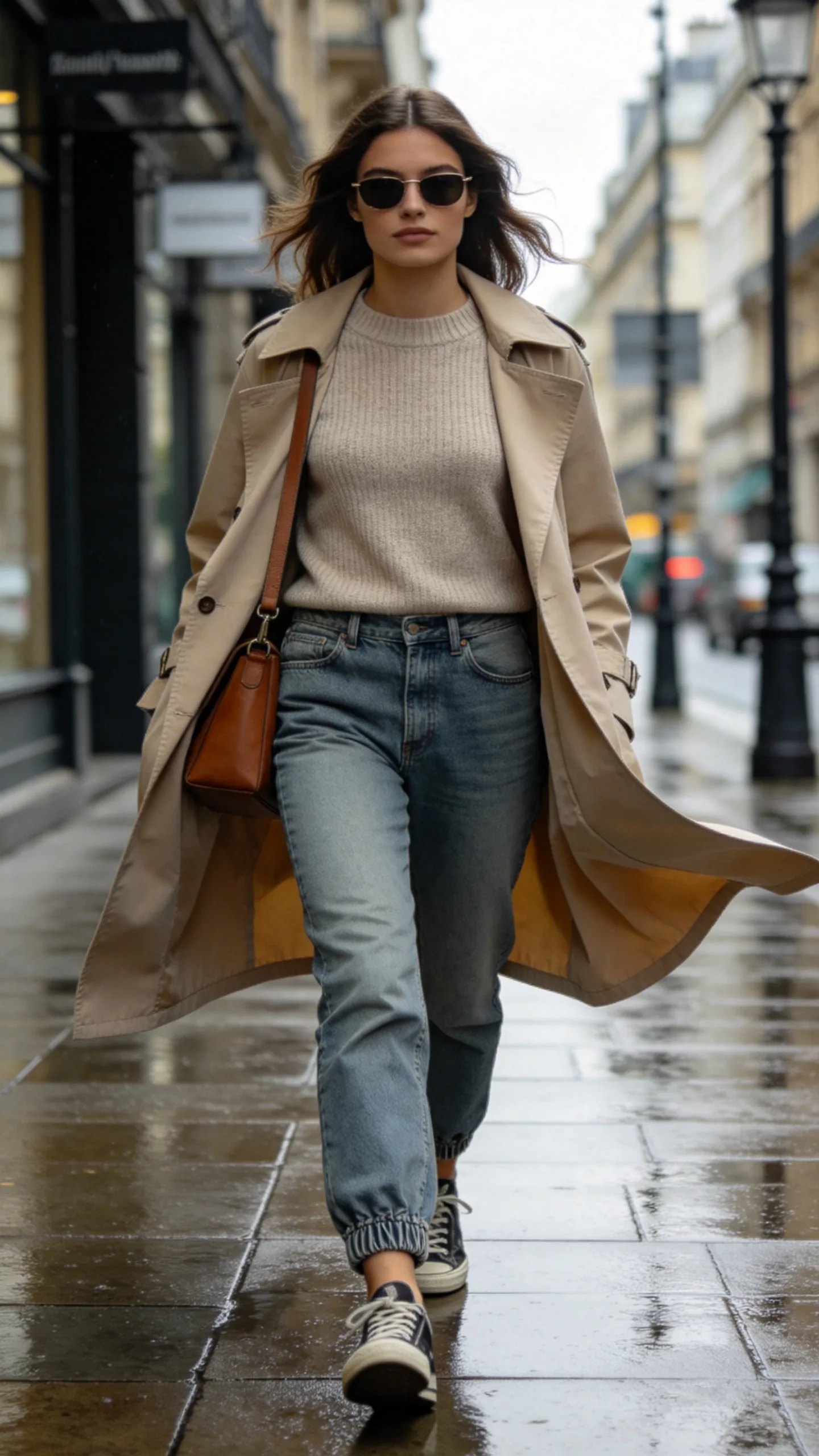 14. Jogger Jeans with a Trench Coat and Sneakers