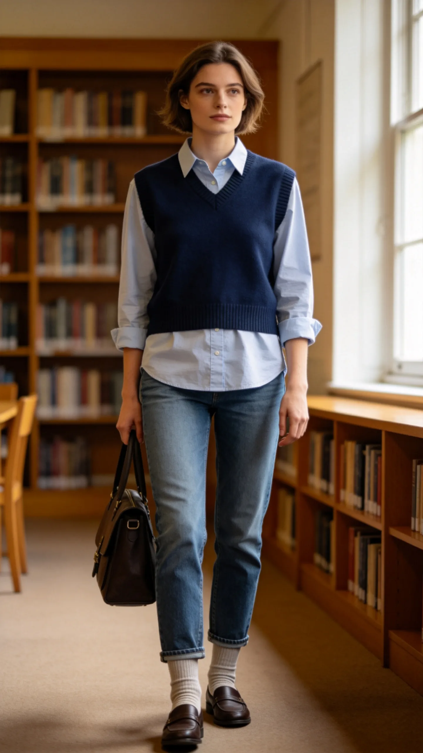 14. Sweater Vest Over a Collared Shirt With Straight Jeans