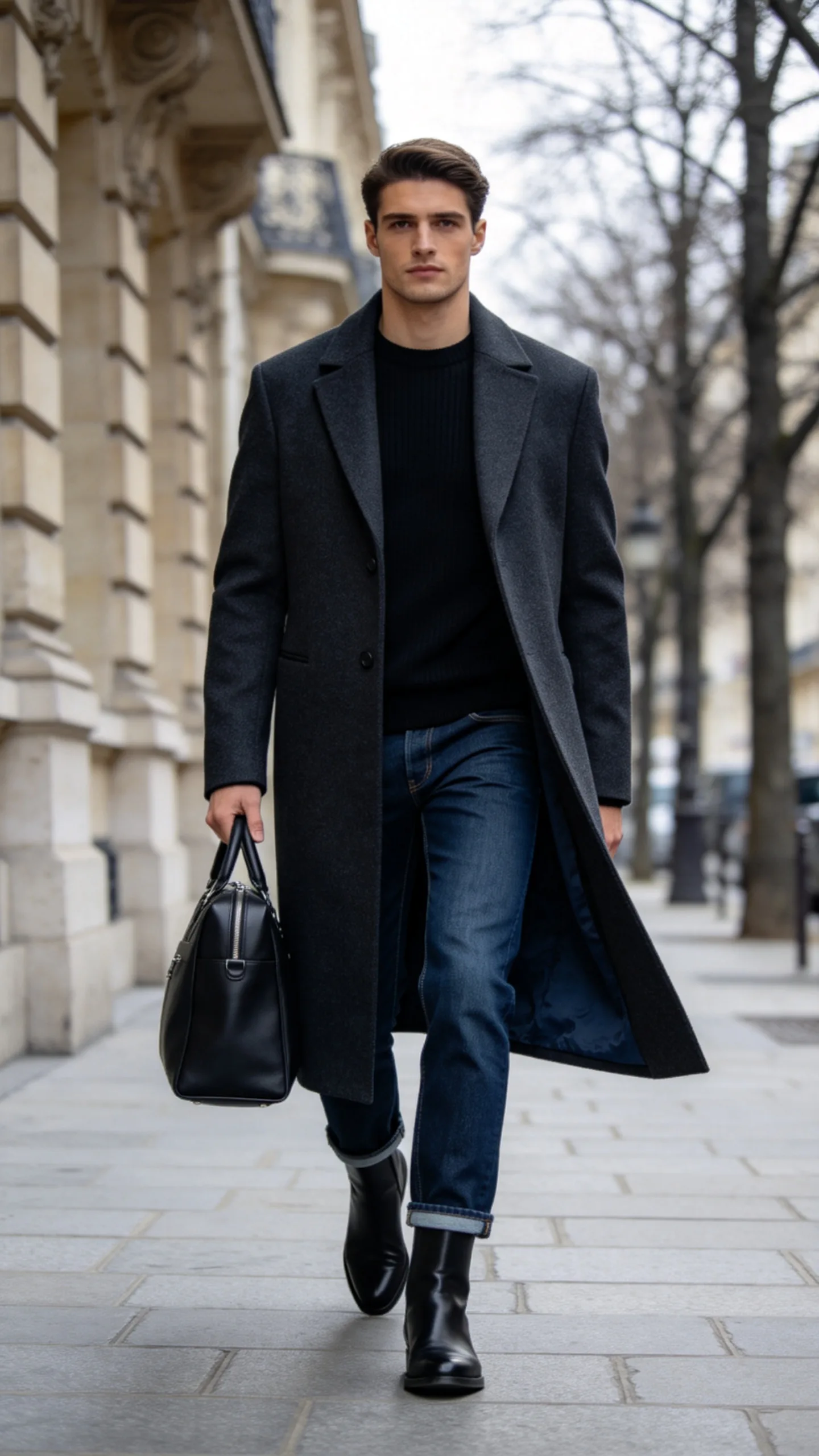 15. Indigo Bootcut Jeans With a Long Wool Coat