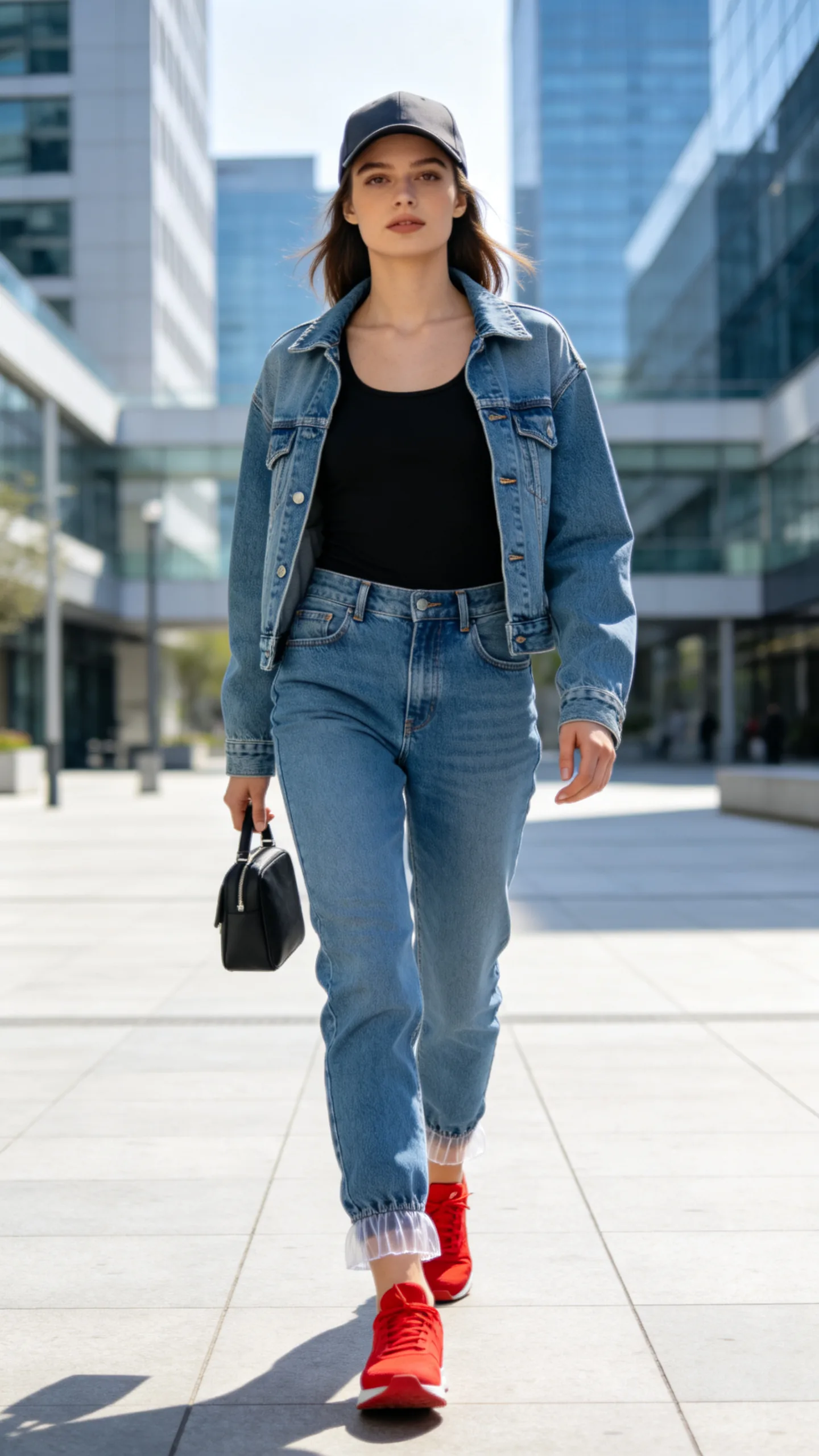 15. Jogger Jeans with a Matching Denim Jacket and Bright Sneakers