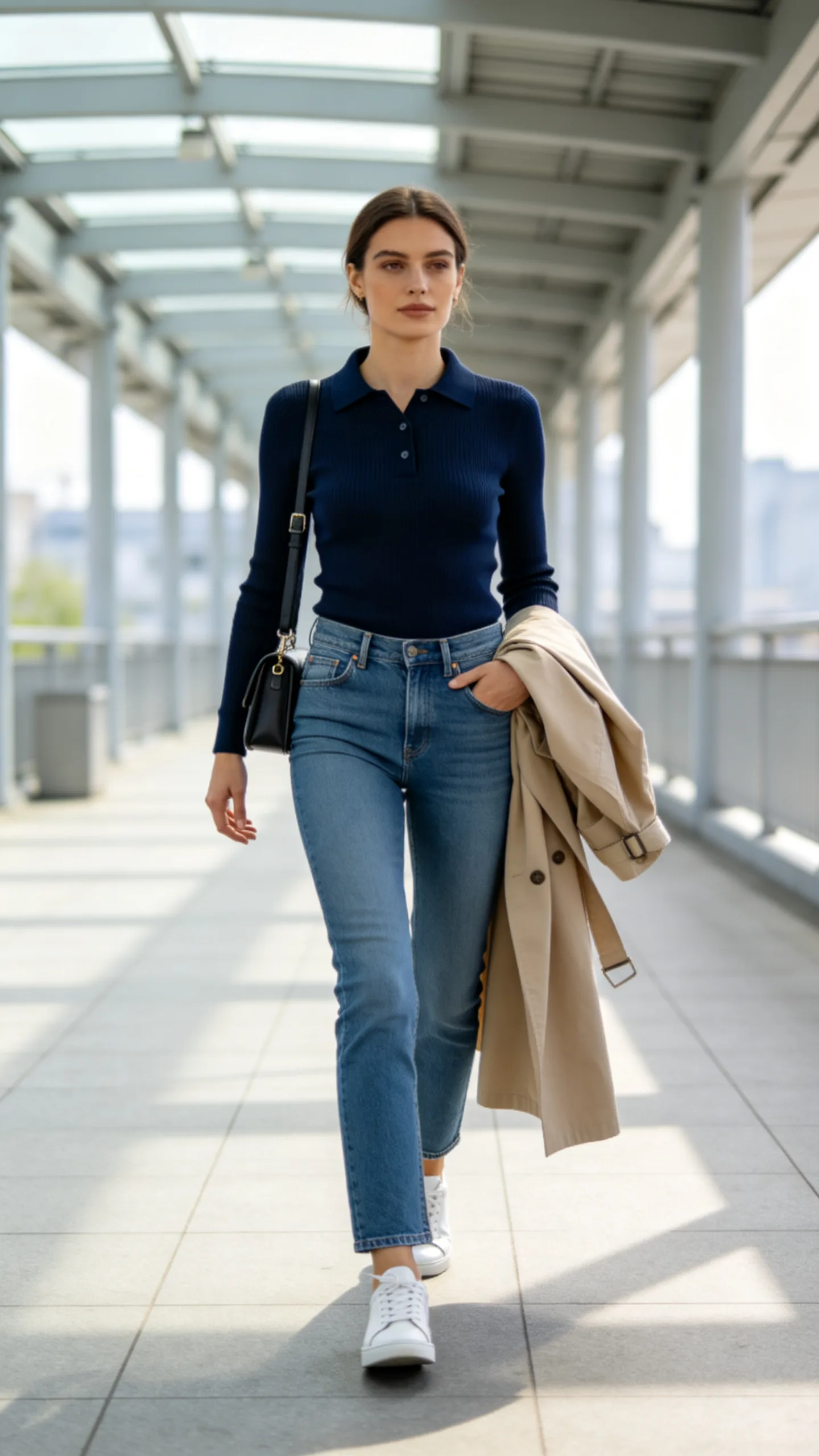 15. Mid-Rise Bootcut Jeans With a Polo Knit and White Sneakers