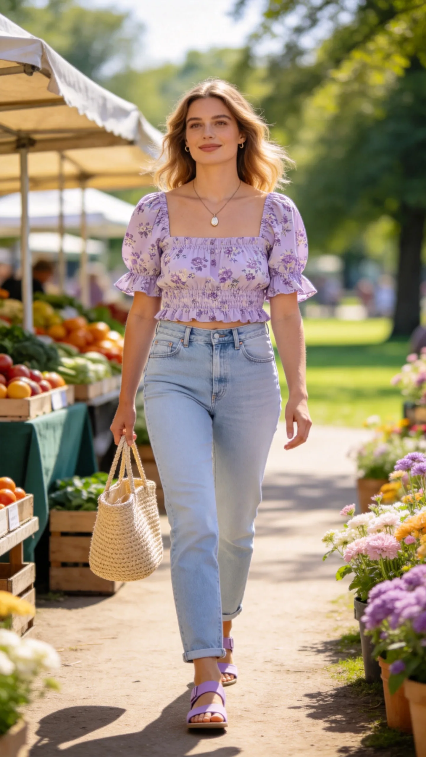 15. Pale Blue Jeans With a Smocked Floral Top
