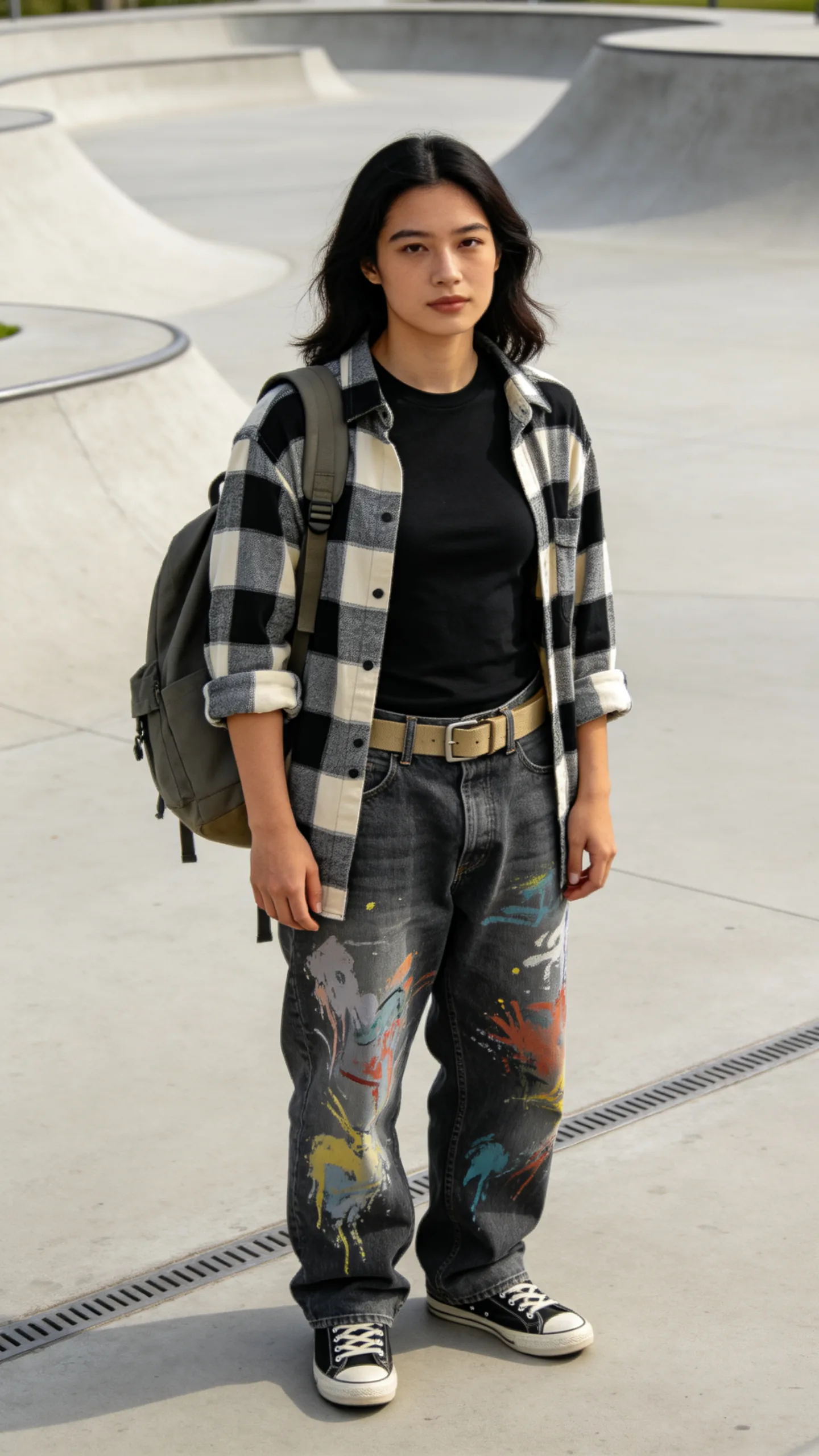 15. Plaid Overshirt, Black Tee, and Skate Sneakers