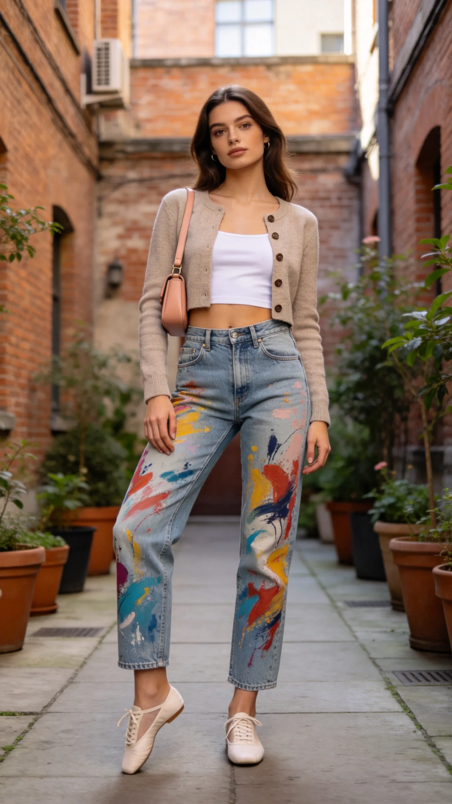 16. Cropped Cardigan, Ballet-Inspired Sneakers, and a Shoulder Bag