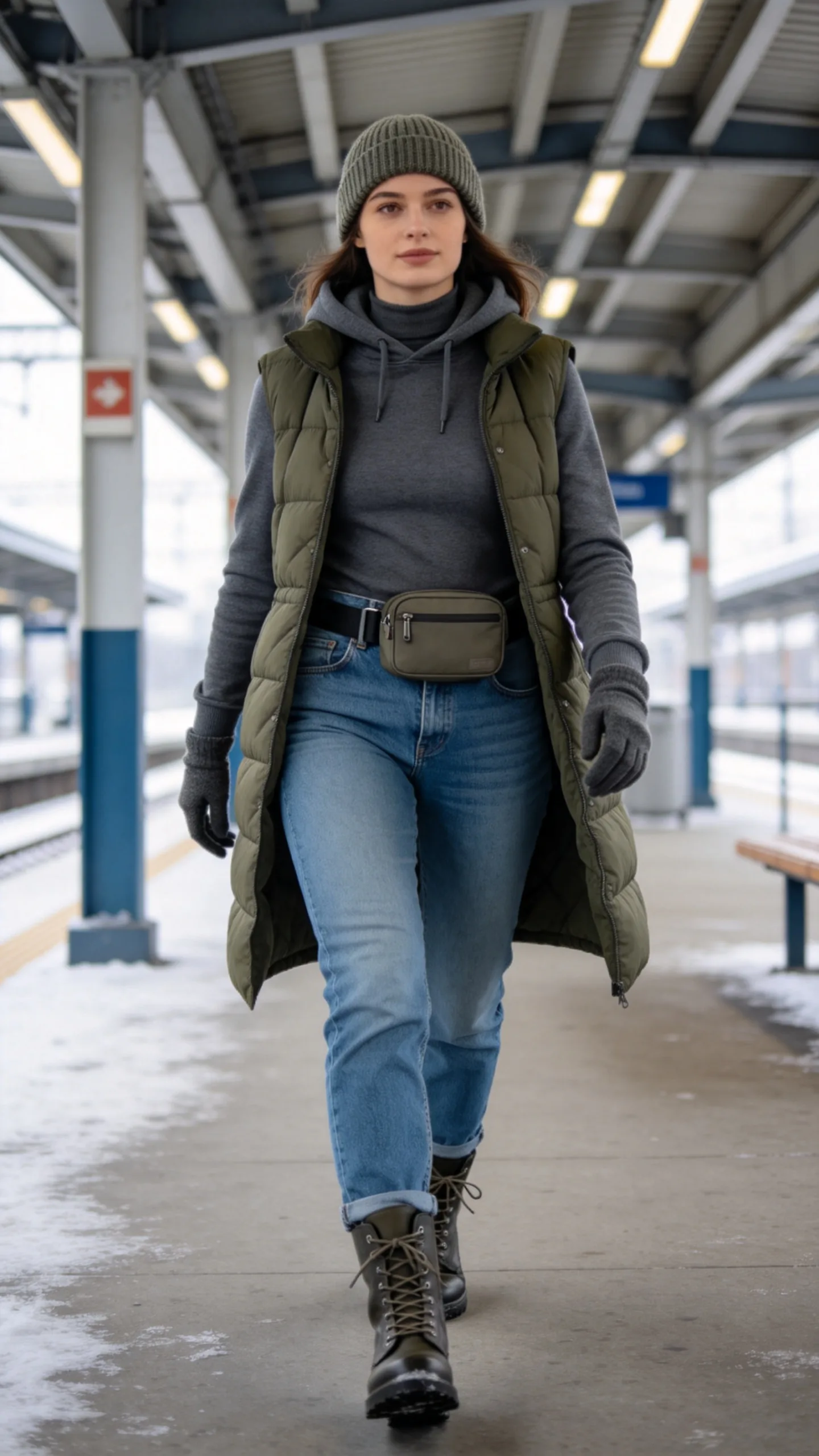 16. Mom Jeans With a Quilted Vest and Hoodie