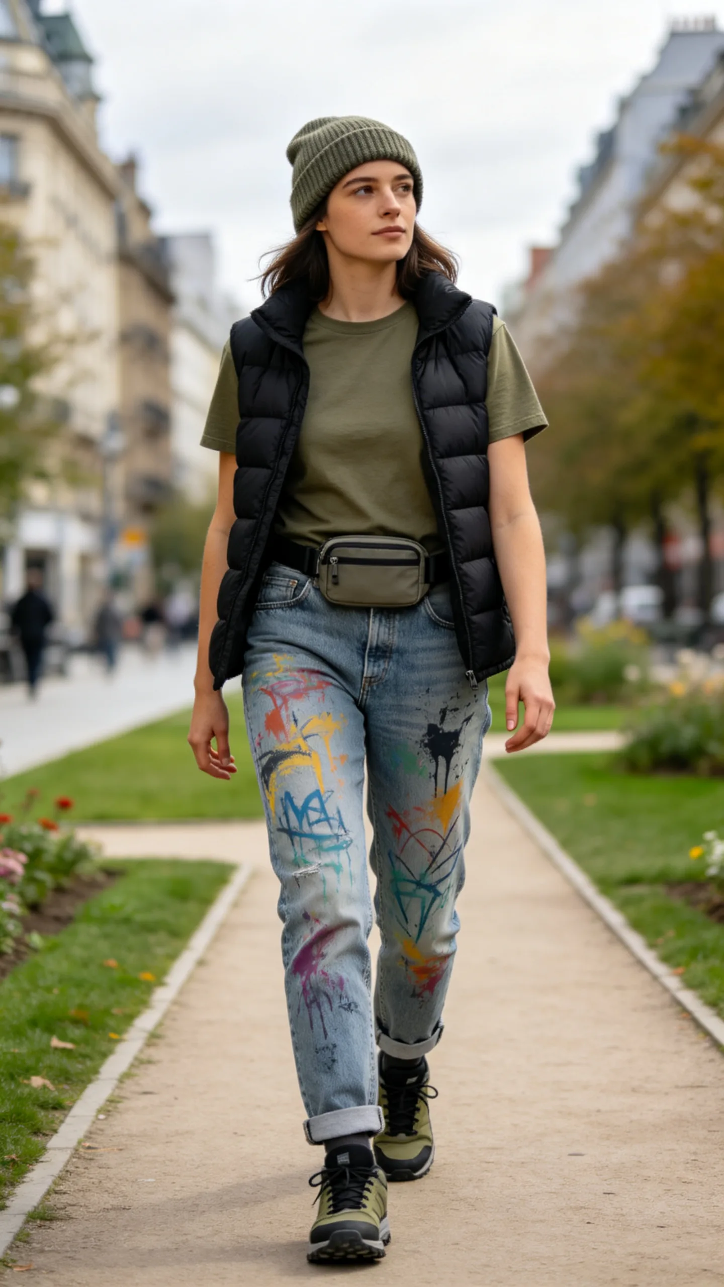 17. Olive Tee, Black Puffer Vest, and Trail Sneakers