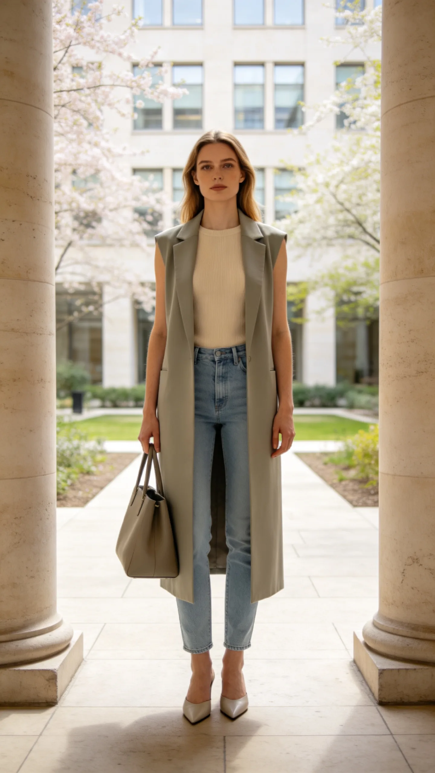 18. Light Blue Jeans With a Longline Neutral Vest