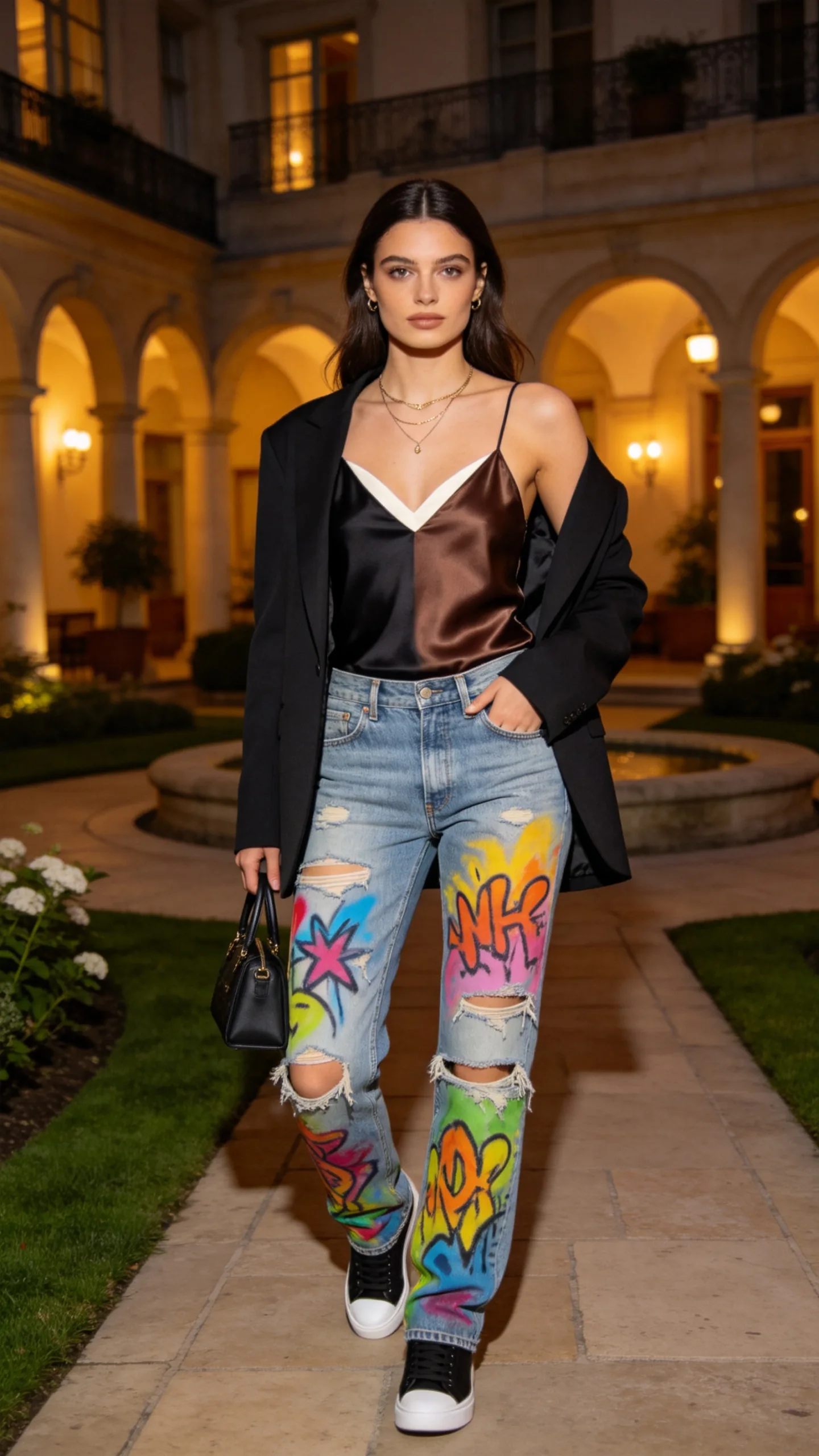 18. Satin Camisole, Oversized Blazer, and Minimal Sneakers