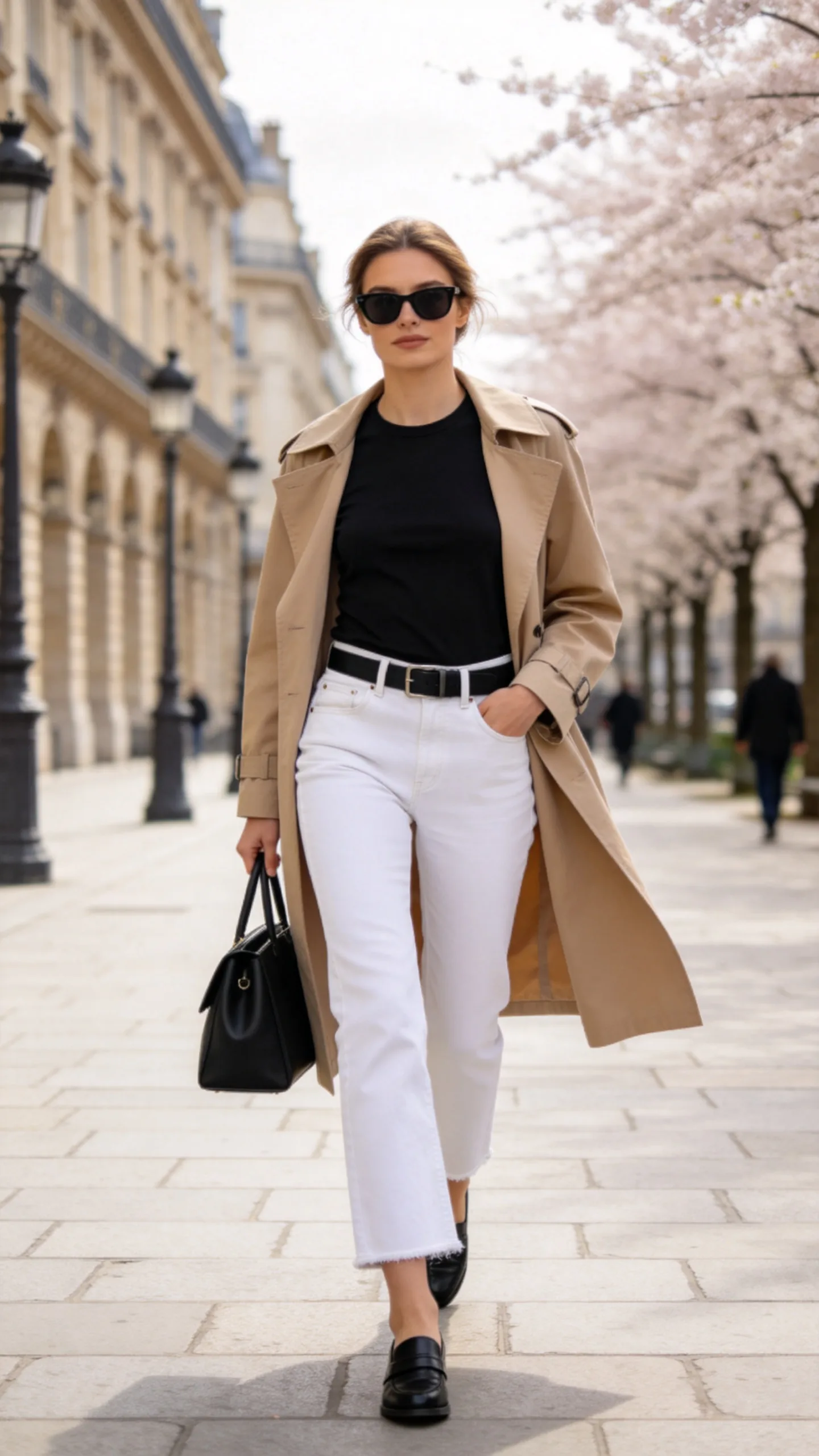 18. White Bootcut Jeans With a Black Tee and Trench Coat