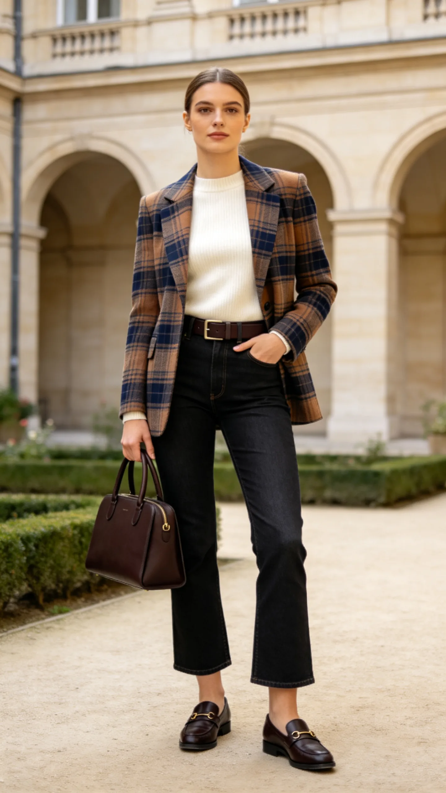 19. Dark Bootcut Jeans With a Cream Sweater and Plaid Blazer