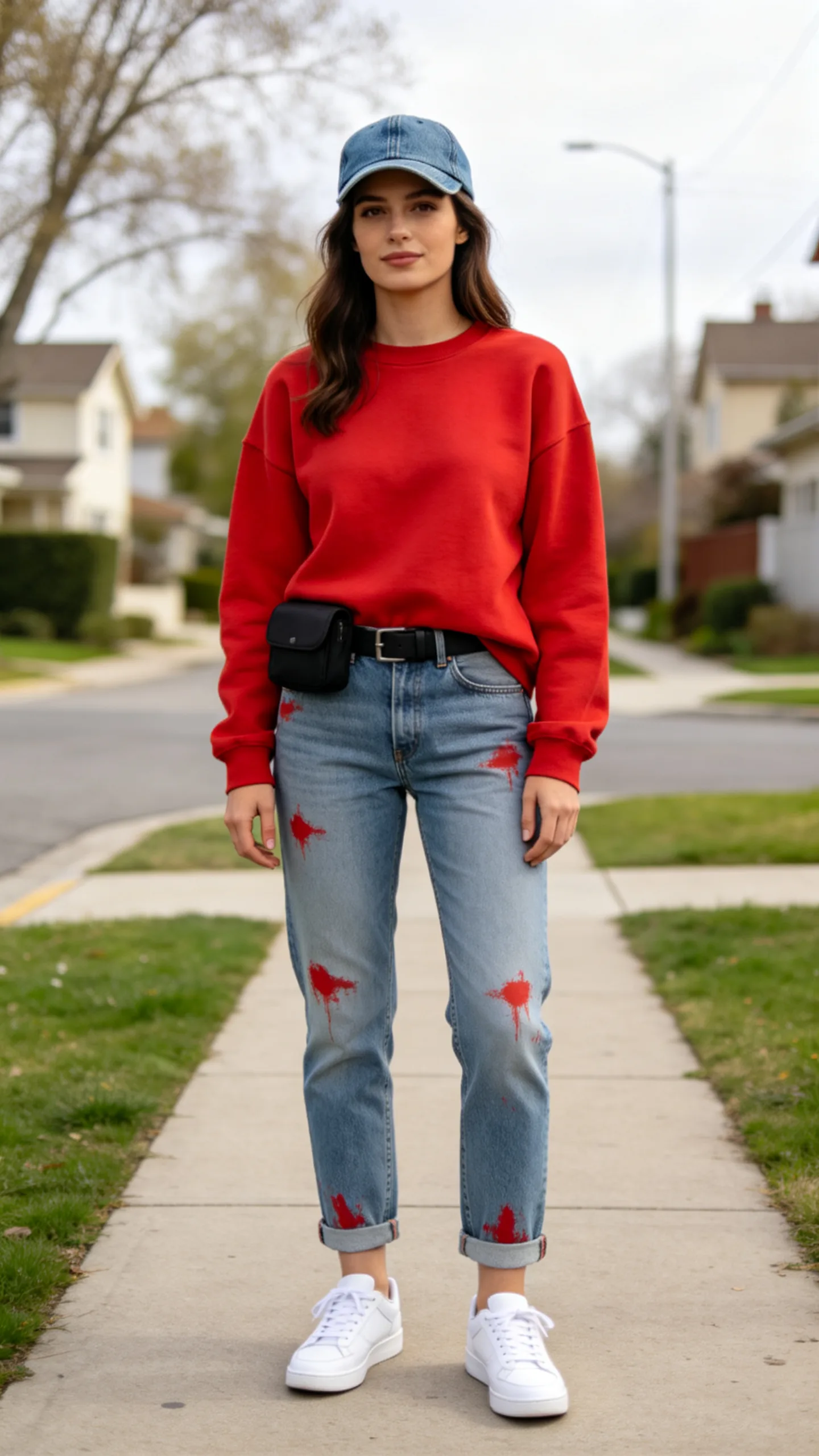 19. Red Sweatshirt, White Sneakers, and a Denim Baseball Cap