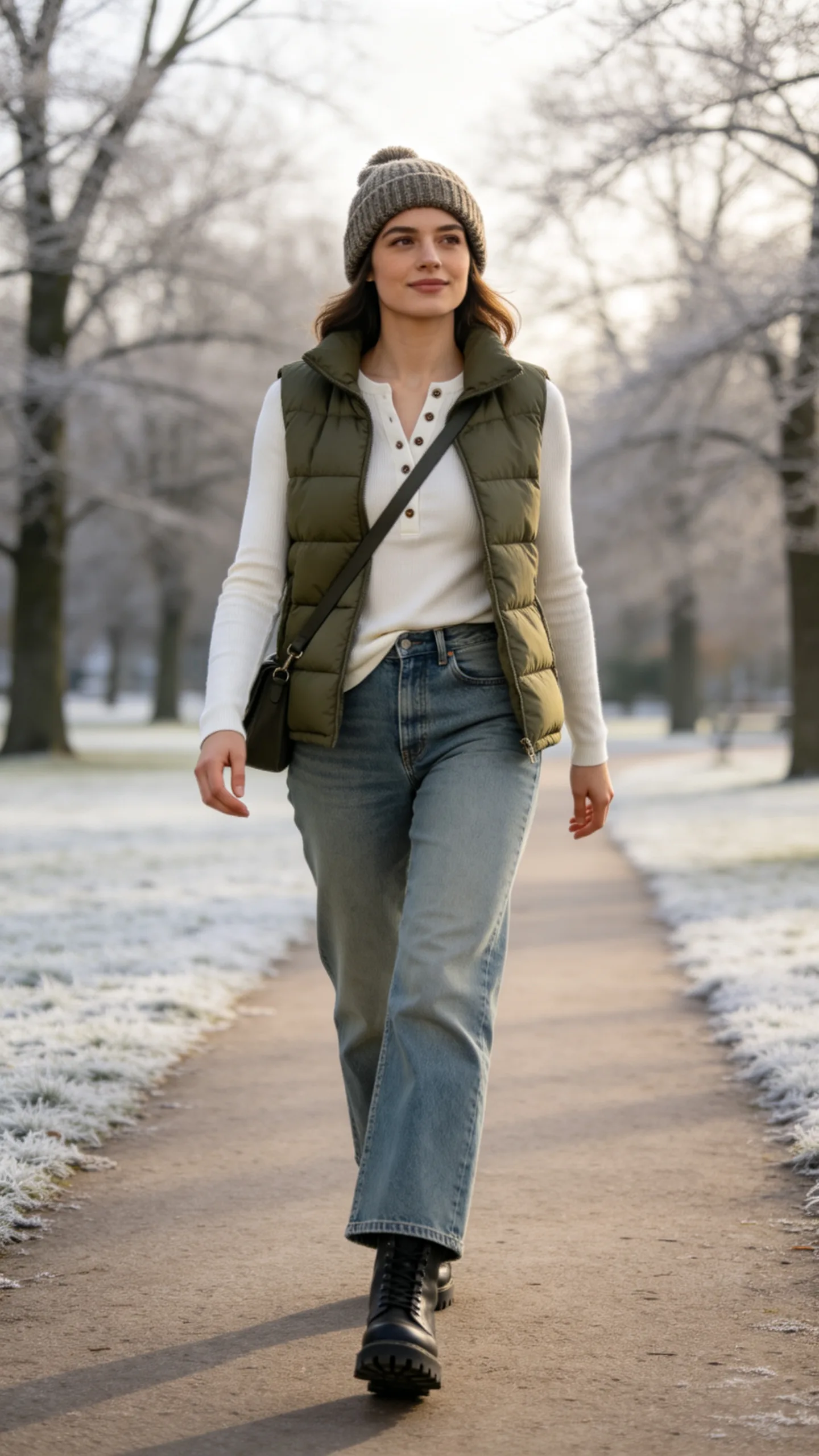20. Faded Bootcut Jeans With a Henley Top and Puffer Vest