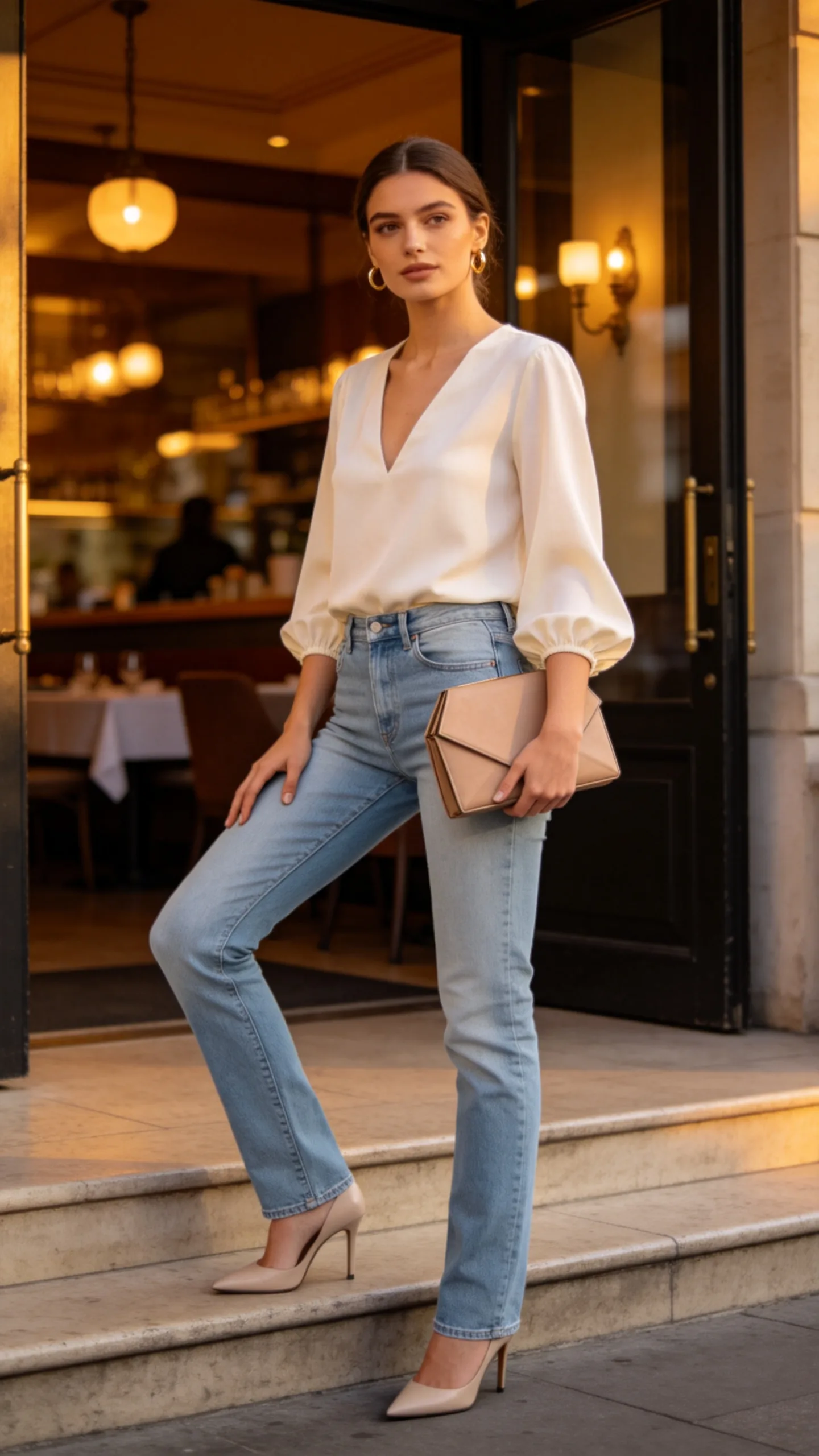 20. Light Blue Jeans With a Cream Blouse and Nude Heels