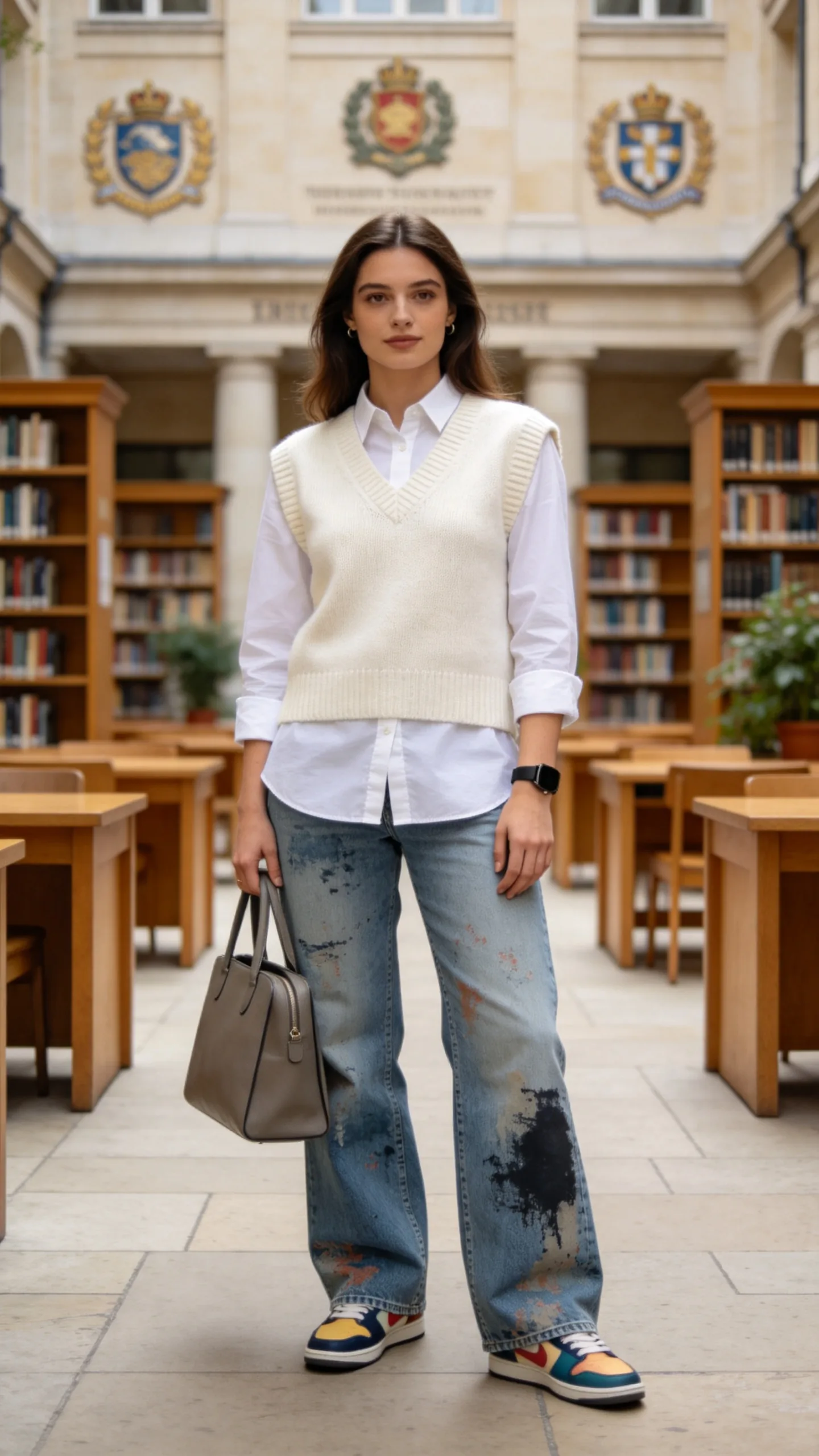 21. Ivory Knit Vest, White Shirt, and Color-Blocked Sneakers