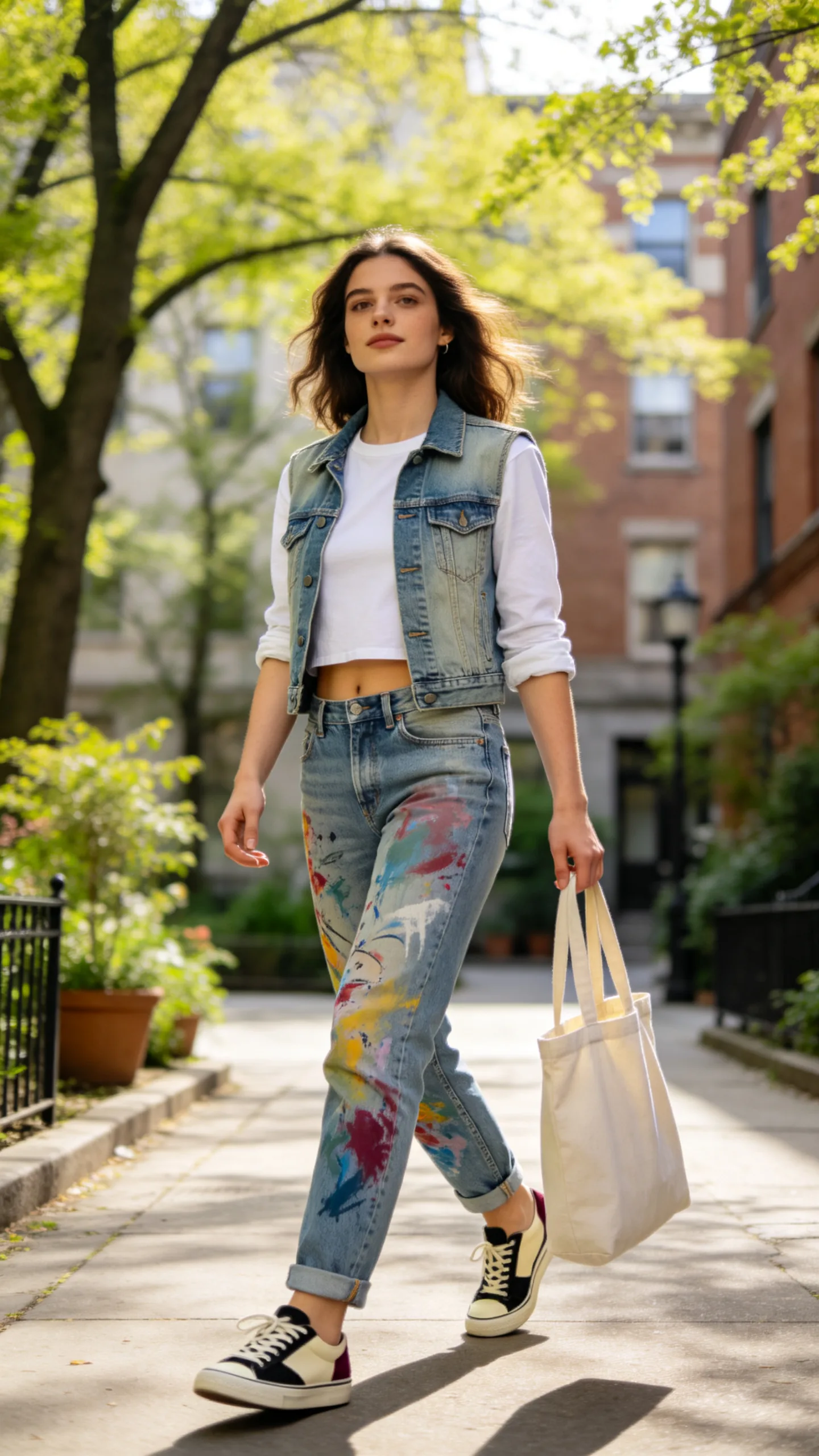 23. Denim Vest, Long-Sleeve Tee, and Canvas Sneakers